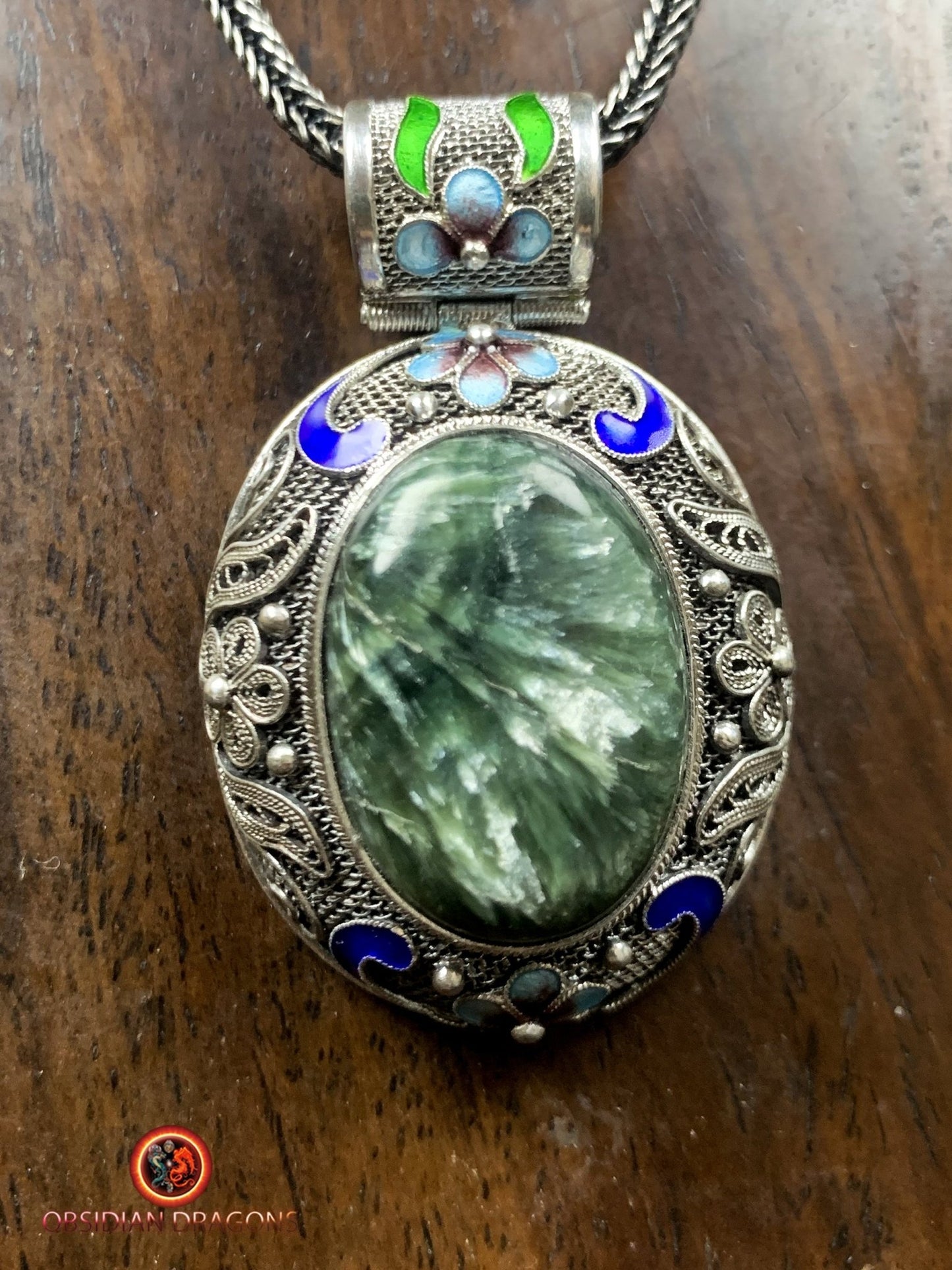 Pendentif en séraphinite- Argent 925- Traditionnel Qing | obsidian dragons