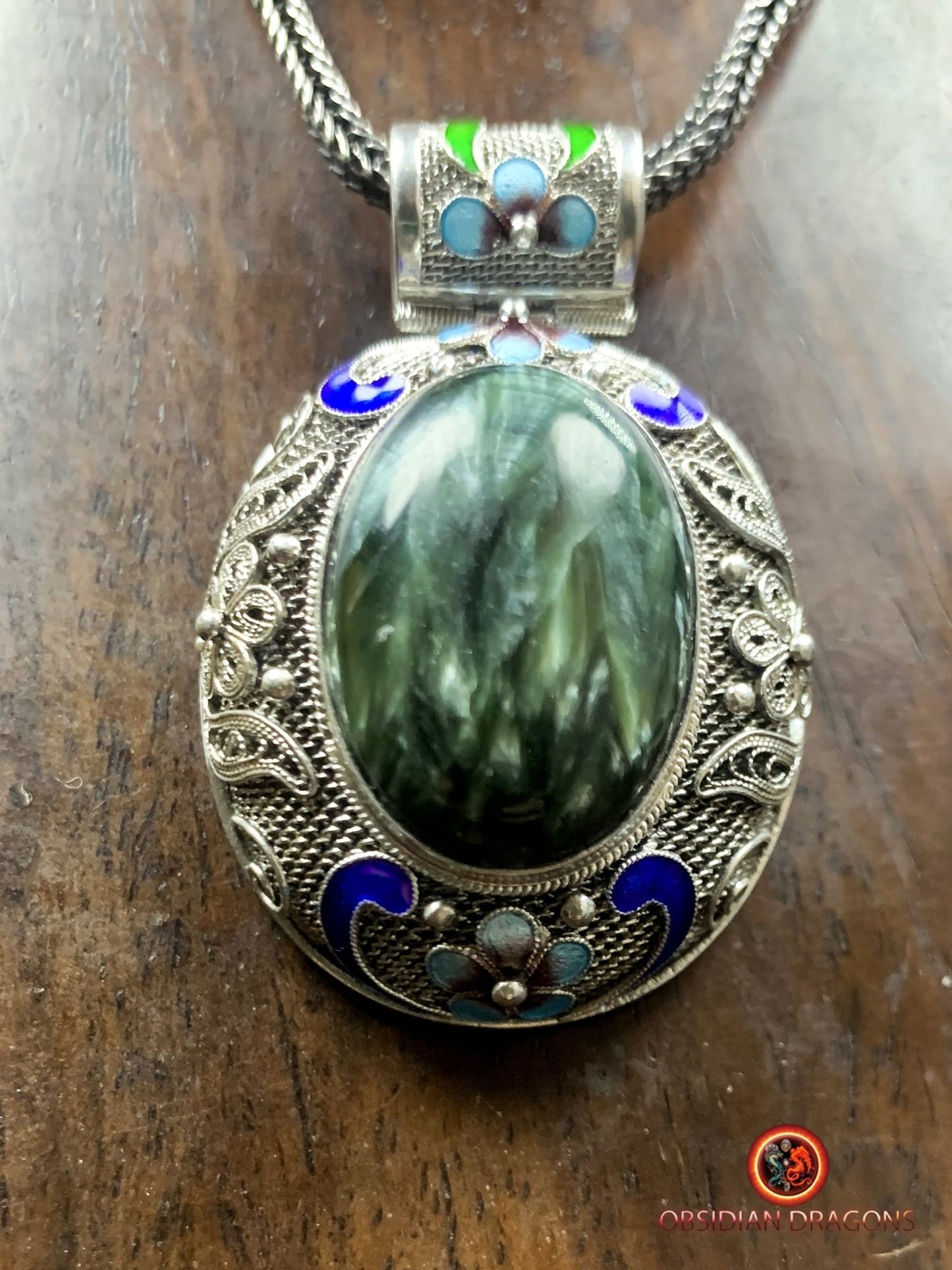 Pendentif en séraphinite- Argent- Traditionnel Dynastie Qing | obsidian dragons