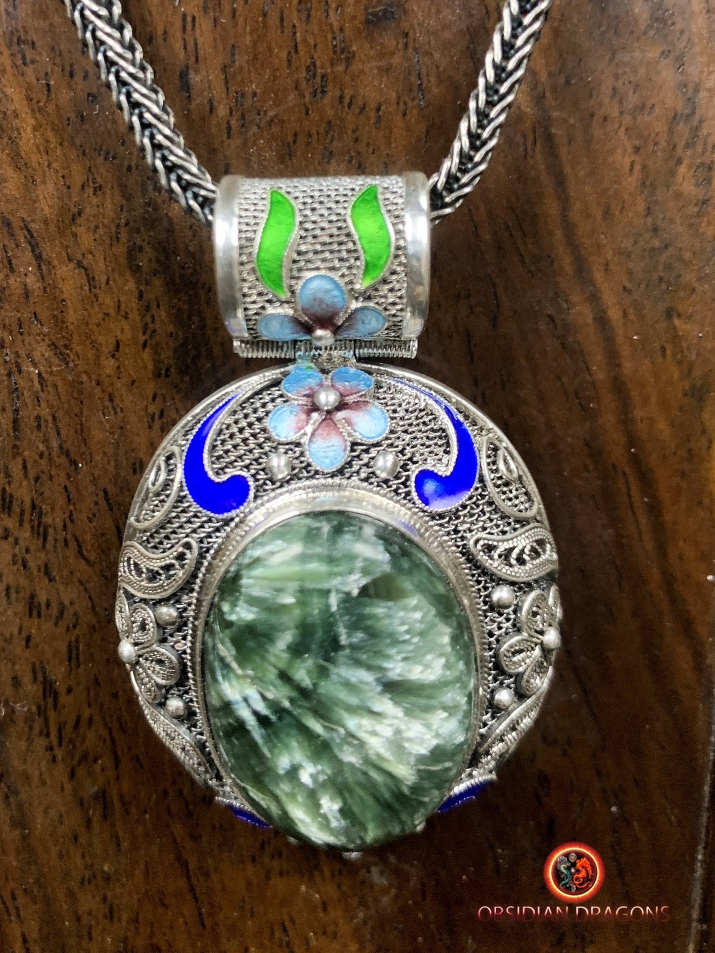 Pendentif en séraphinite- Argent 925- Traditionnel Qing | obsidian dragons