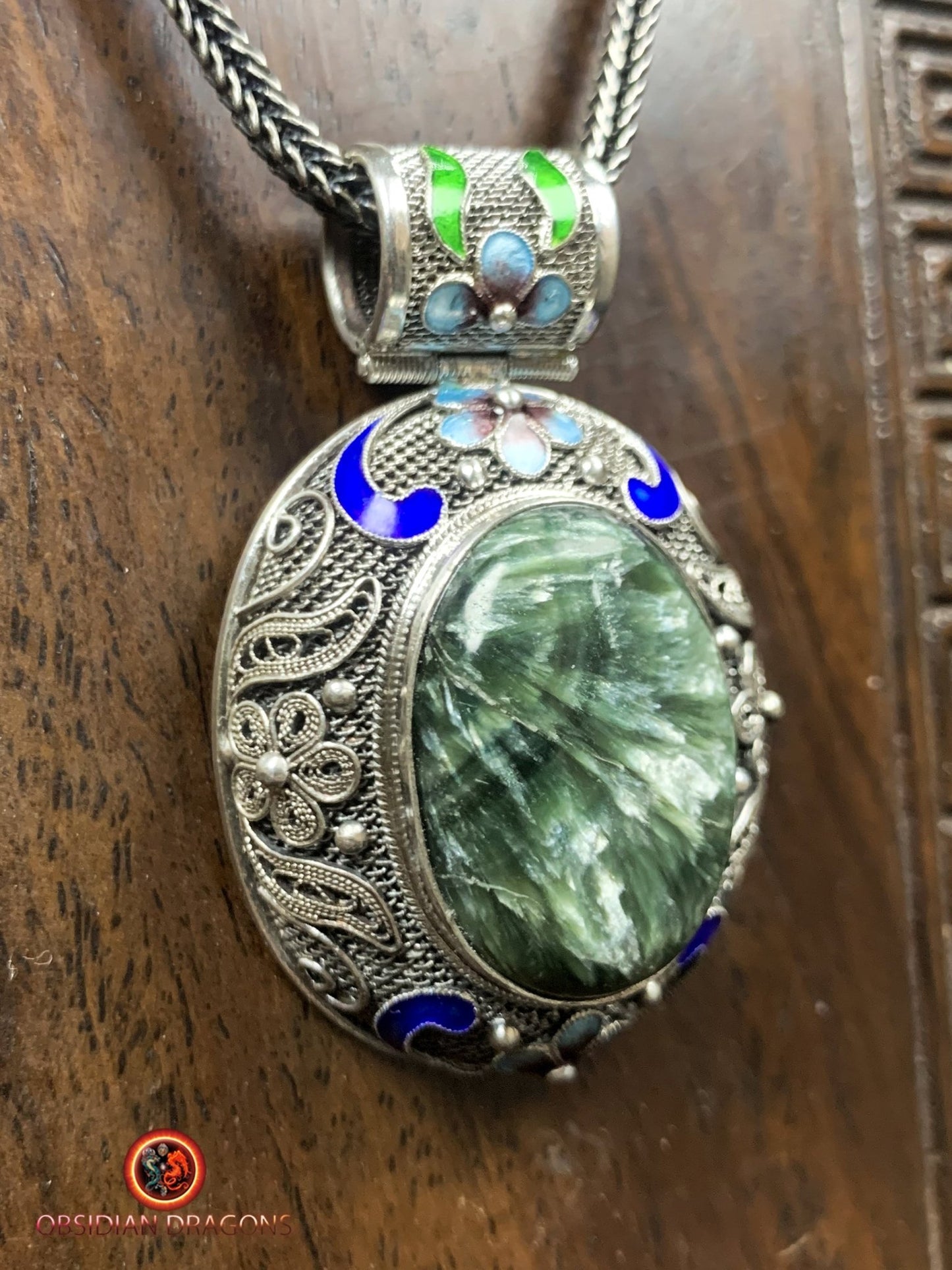 Pendentif en séraphinite- Argent 925- Traditionnel Qing | obsidian dragons