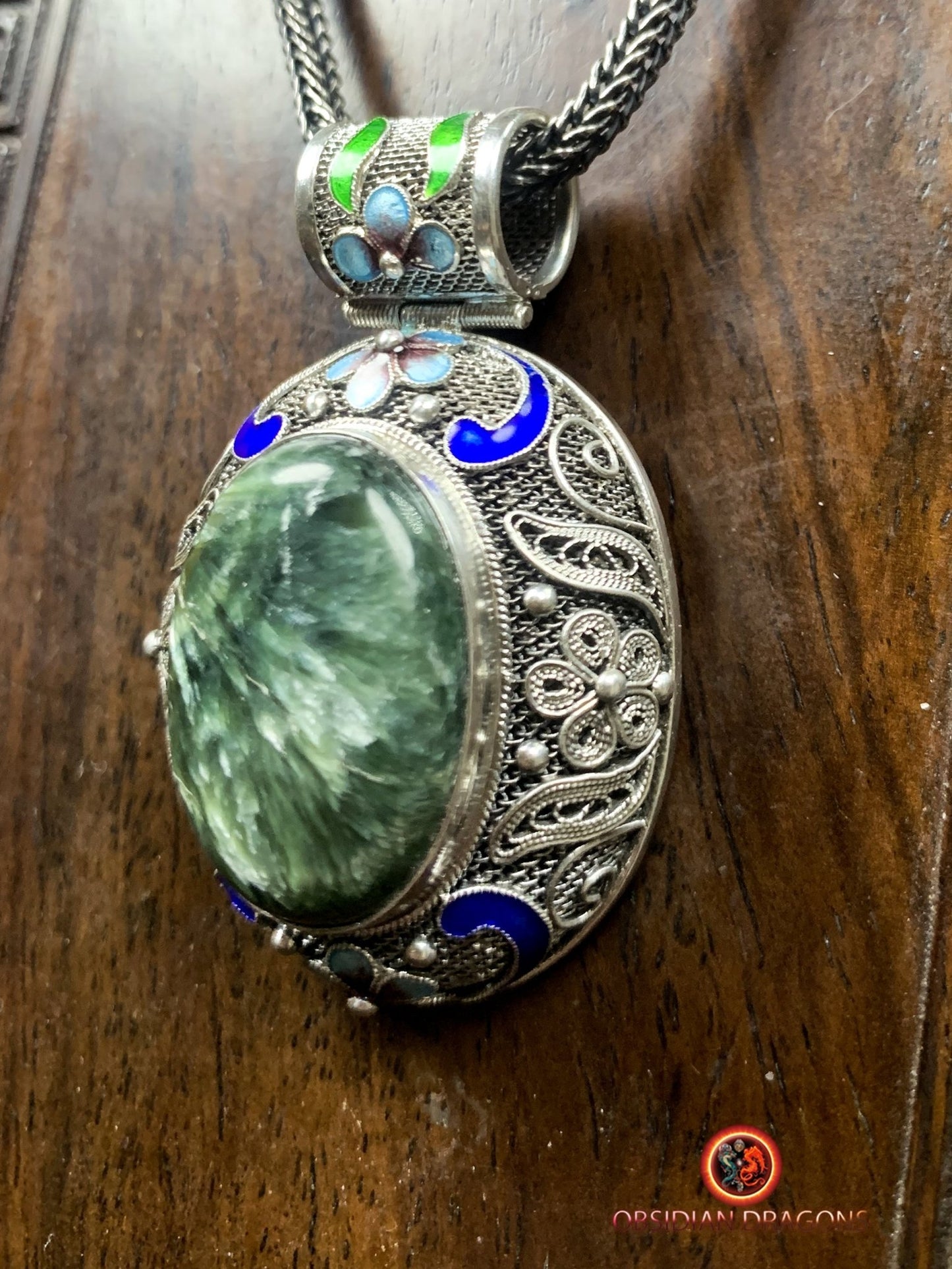 Pendentif en séraphinite- Argent 925- Traditionnel Qing | obsidian dragons