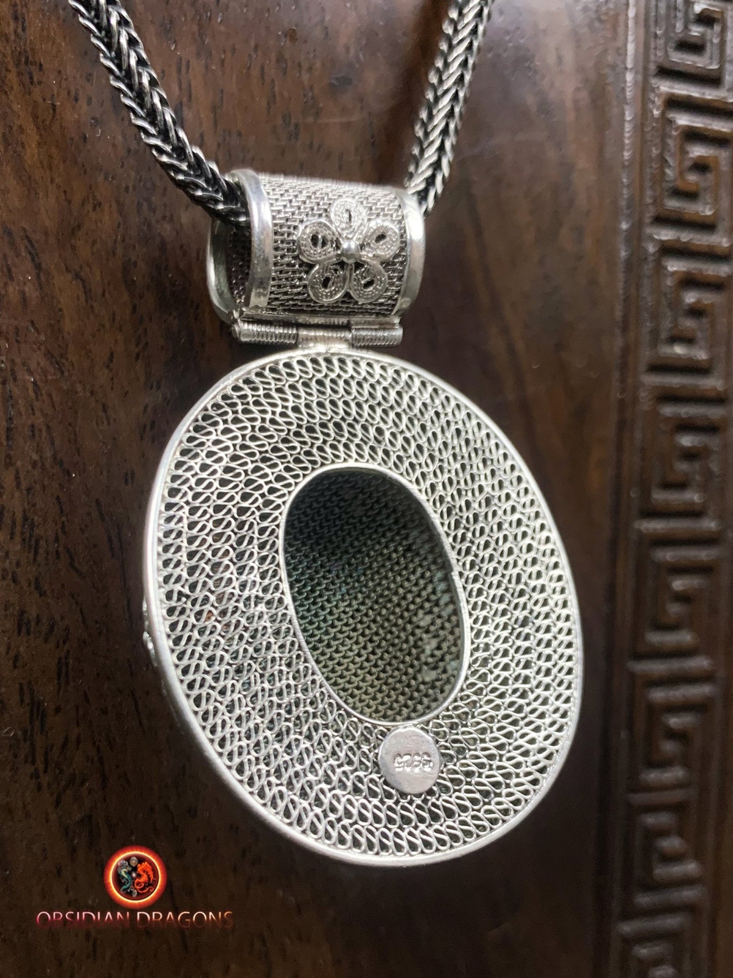 Pendentif en séraphinite- Argent- Traditionnel Dynastie Qing | obsidian dragons