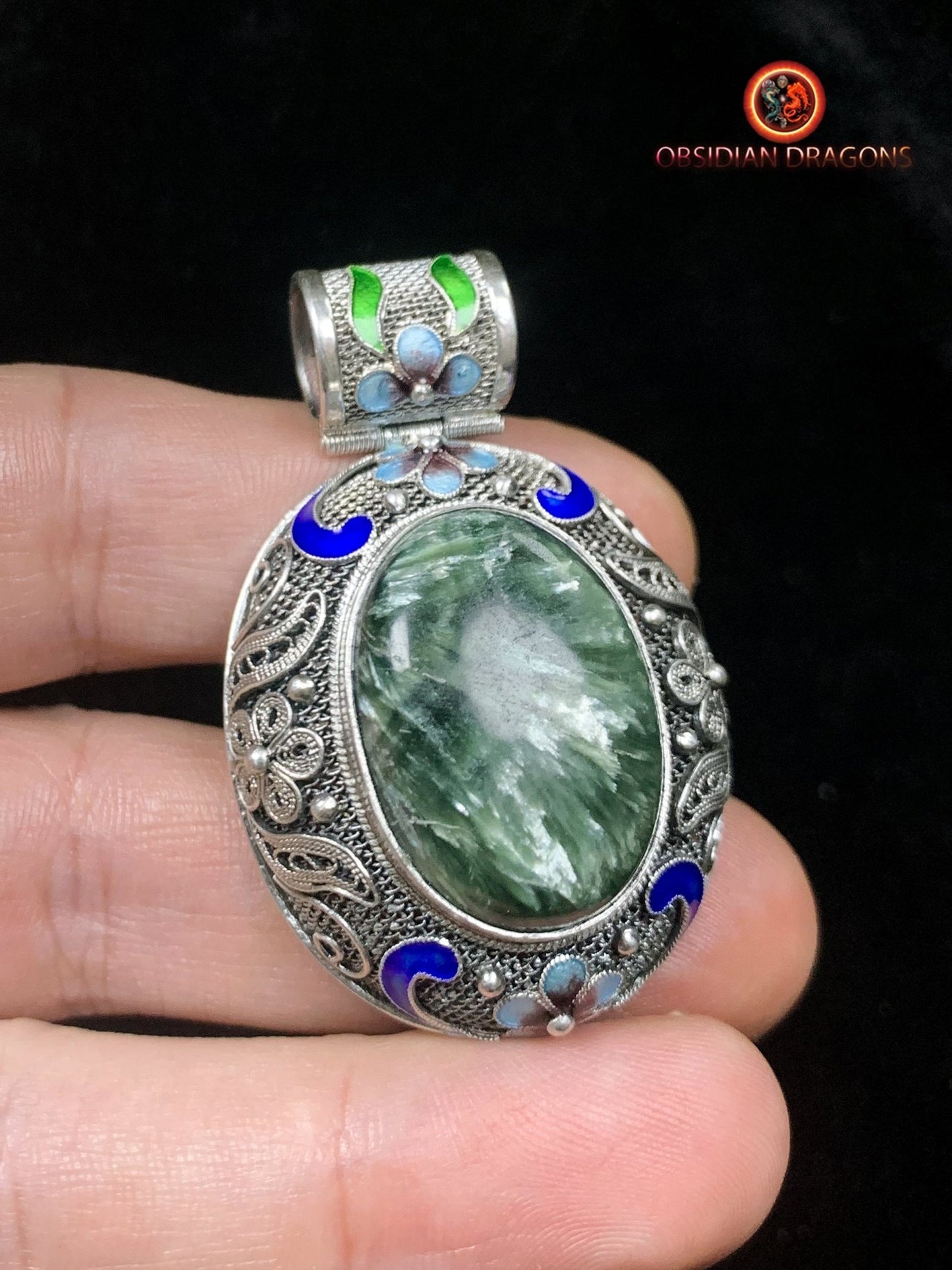 Pendentif en séraphinite- Argent 925- Traditionnel Qing | obsidian dragons