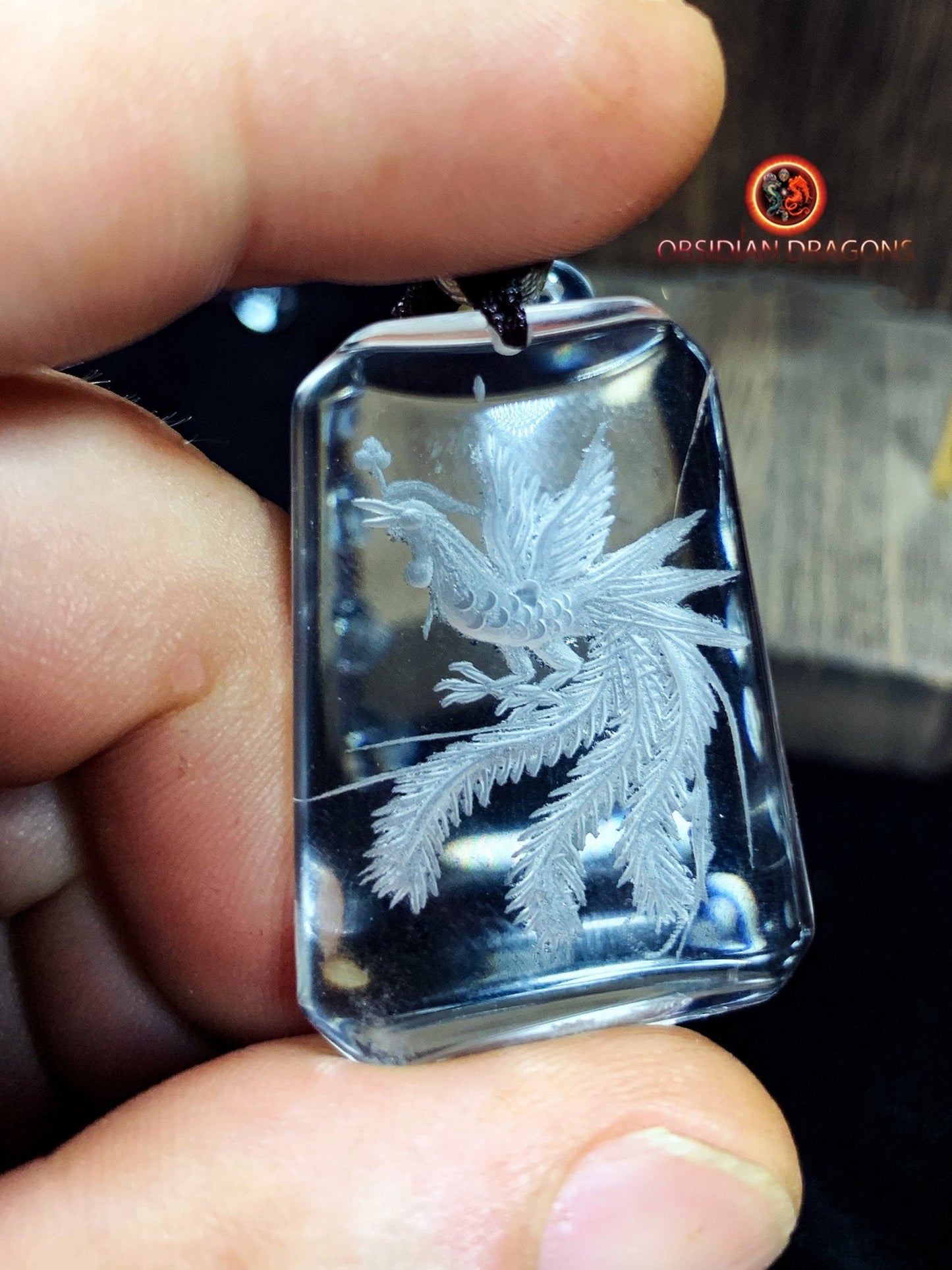 Pendentif phenix en cristal de roche- intaille