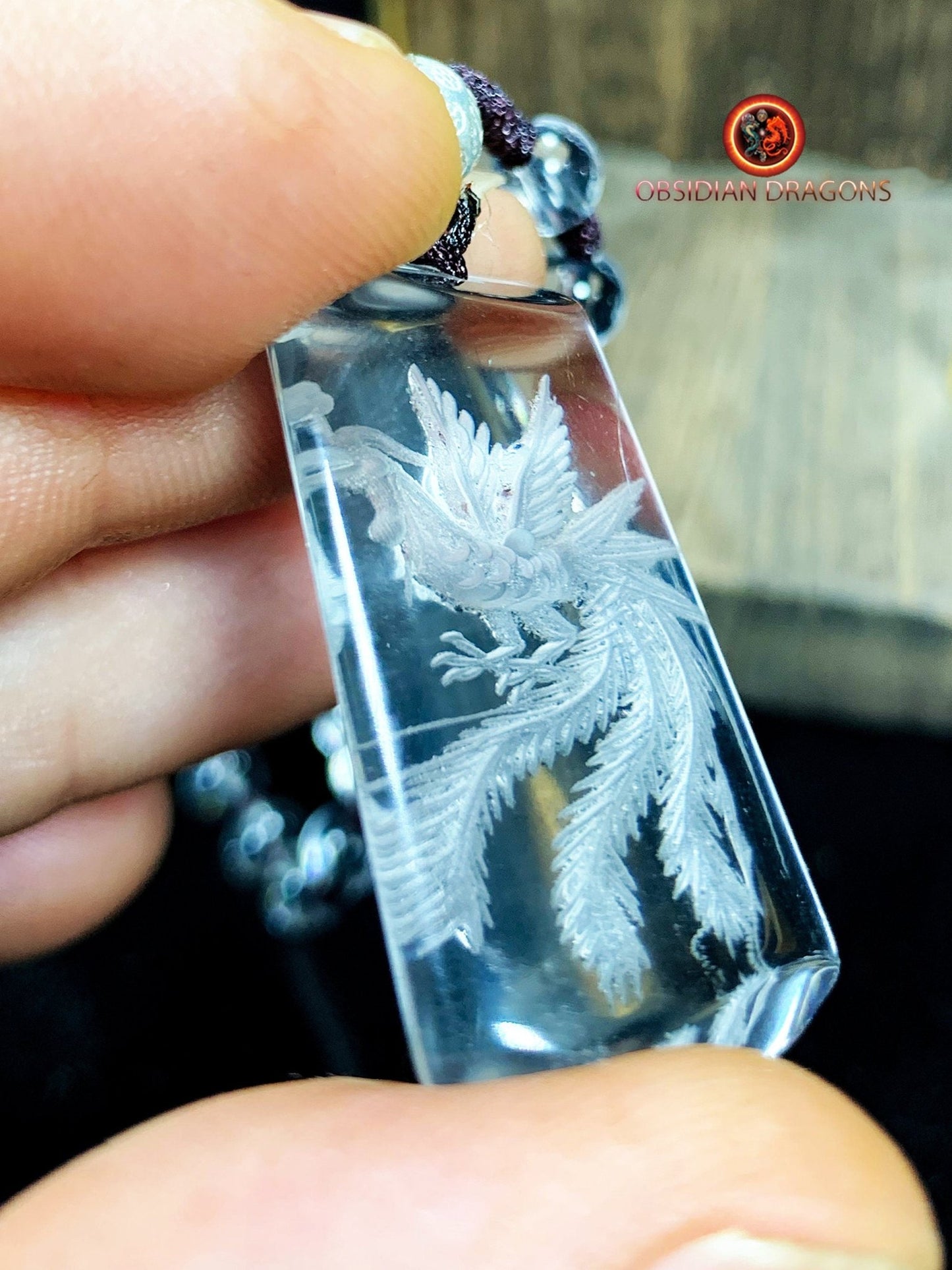 Pendentif phenix en cristal de roche- intaille