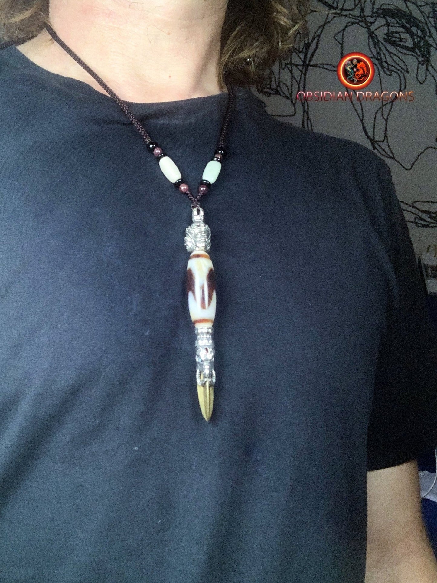 Pendentif Phurba tibétain- DZI dents de tigre