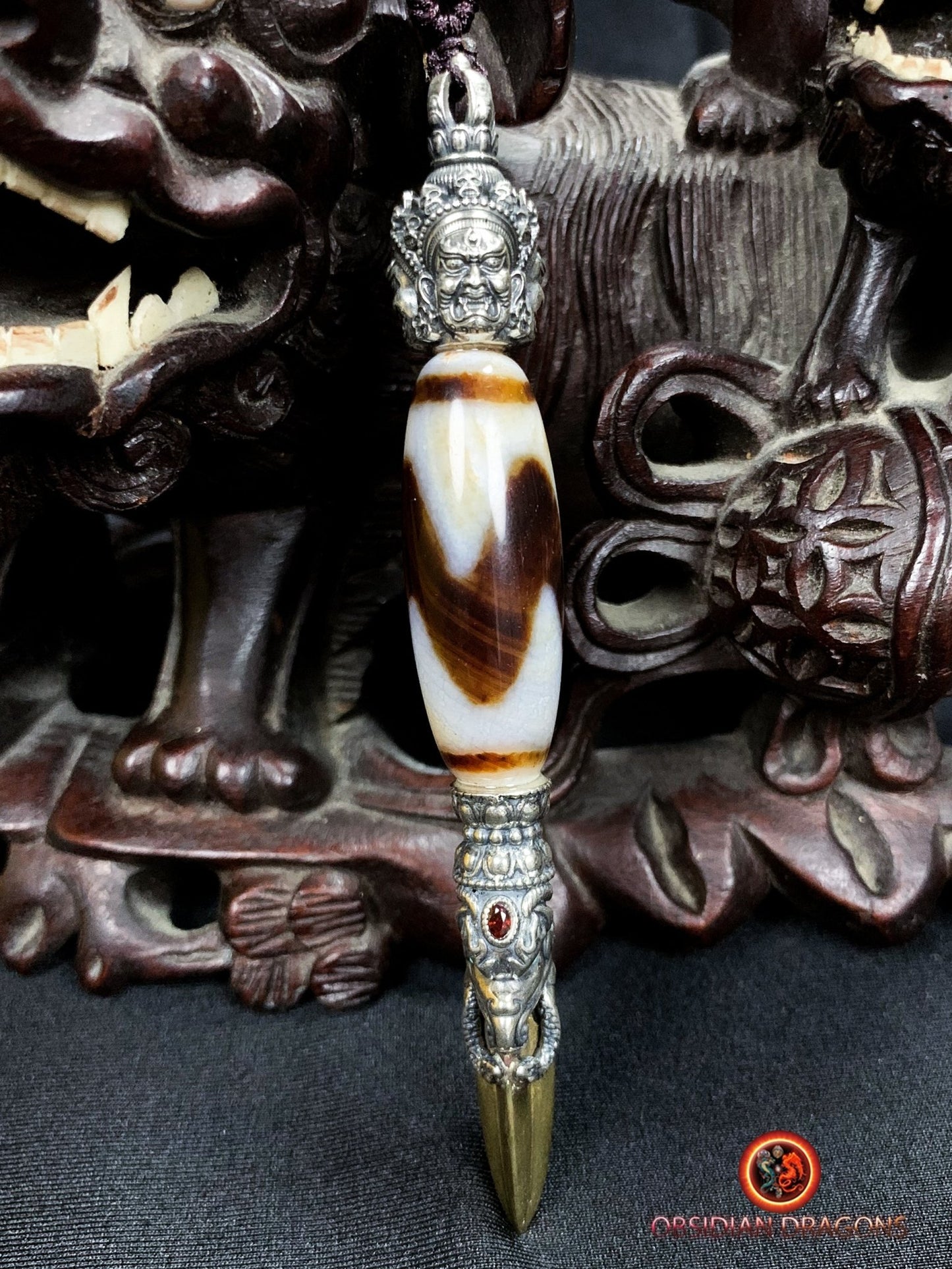 Pendentif Phurba tibétain- DZI dents de tigre