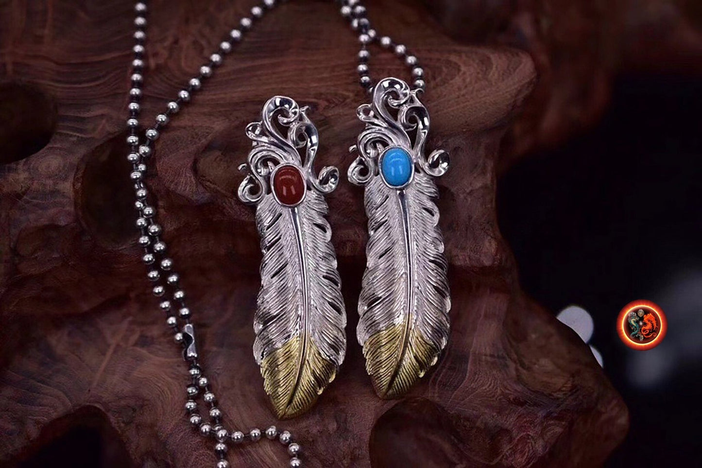 pendentif plume d'aigle, inspiration chaman amérindien, Argent 925 poinçonné cuivre au choix turquoise ou agate nan hong naturelles - obsidian dragon