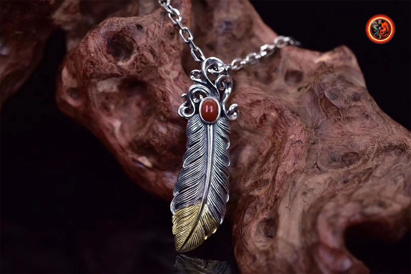 pendentif plume d'aigle, inspiration chaman amérindien, Argent 925 poinçonné cuivre au choix turquoise ou agate nan hong naturelles - obsidian dragon