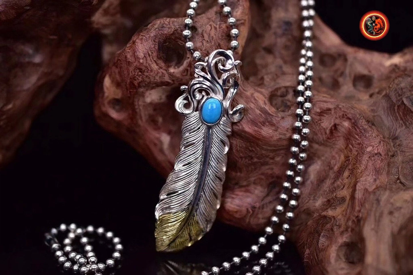 pendentif plume d'aigle, inspiration chaman amérindien, Argent 925 poinçonné cuivre au choix turquoise ou agate nan hong naturelles - obsidian dragon
