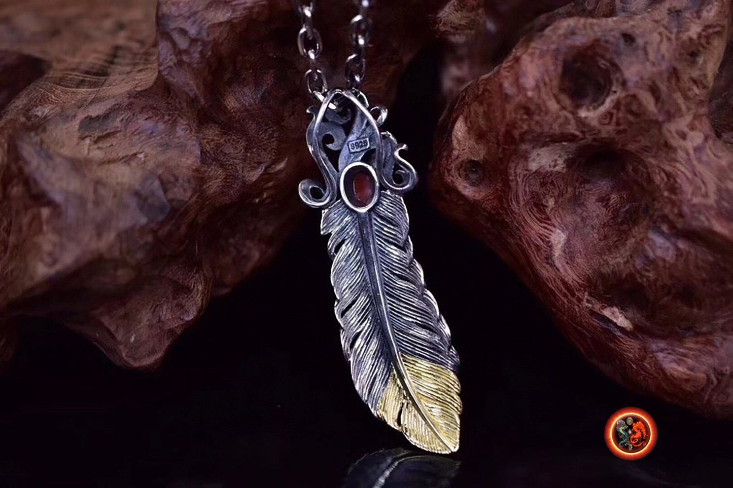 pendentif plume d'aigle, inspiration chaman amérindien, Argent 925 poinçonné cuivre au choix turquoise ou agate nan hong naturelles - obsidian dragon