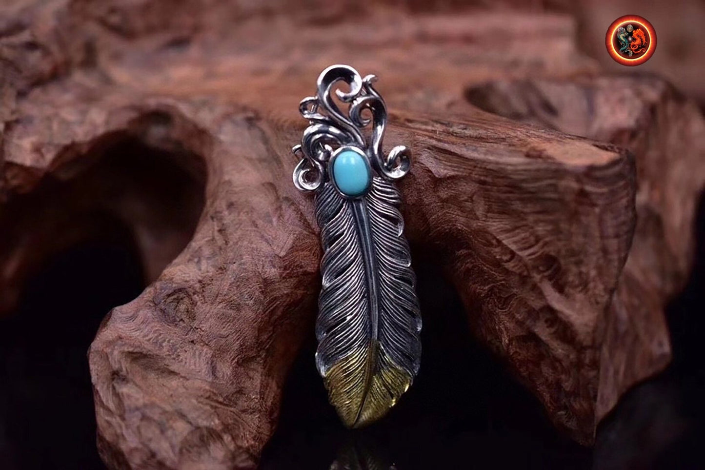 pendentif plume d'aigle, inspiration chaman amérindien, Argent 925 poinçonné cuivre au choix turquoise ou agate nan hong naturelles - obsidian dragon
