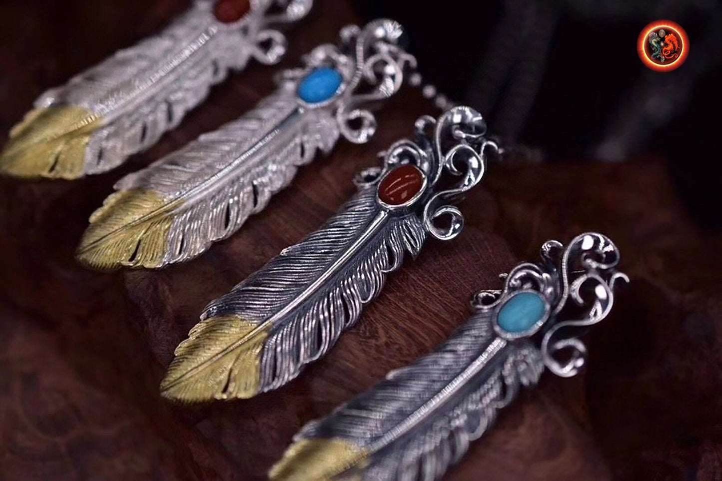 pendentif plume d'aigle, inspiration chaman amérindien, Argent 925 poinçonné cuivre au choix turquoise ou agate nan hong naturelles - obsidian dragon