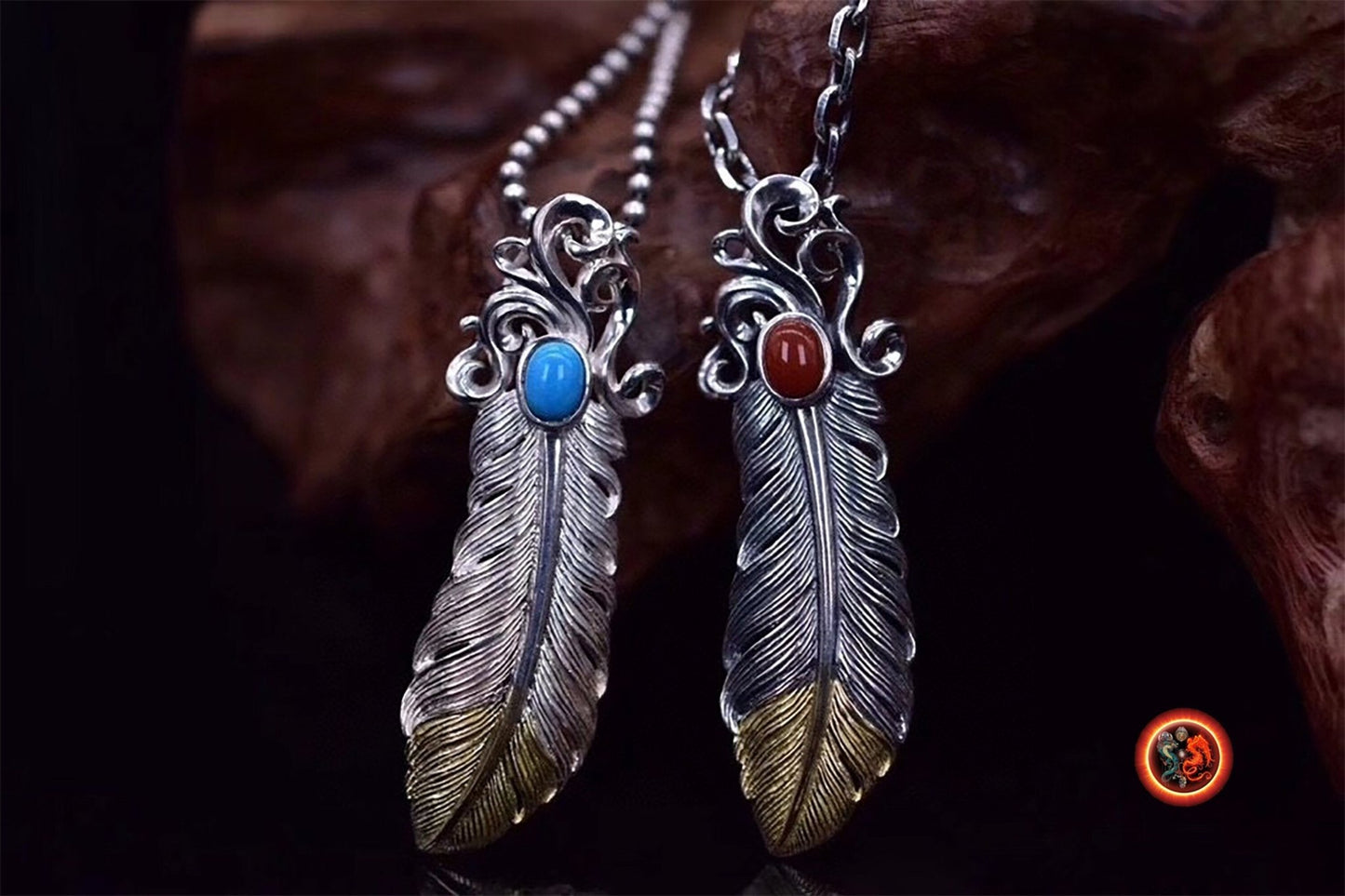 pendentif plume d'aigle, inspiration chaman amérindien, Argent 925 poinçonné cuivre au choix turquoise ou agate nan hong naturelles - obsidian dragon