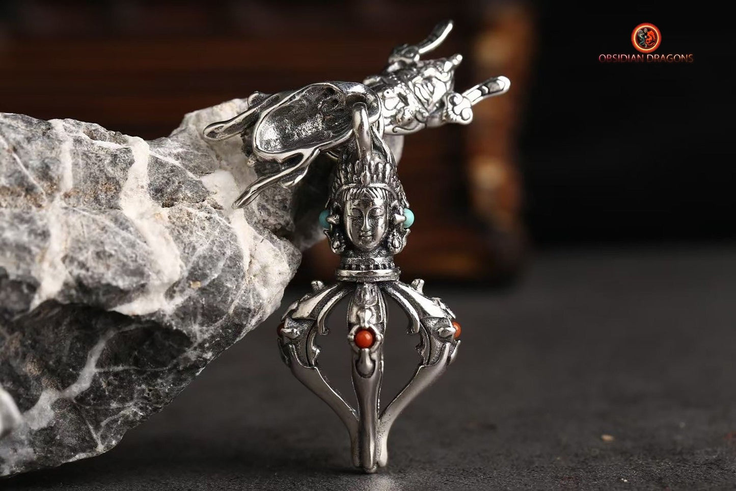 Pendentif Tibétain Dorje - argent- Zakiram & Chenrezi | obsidian dragons