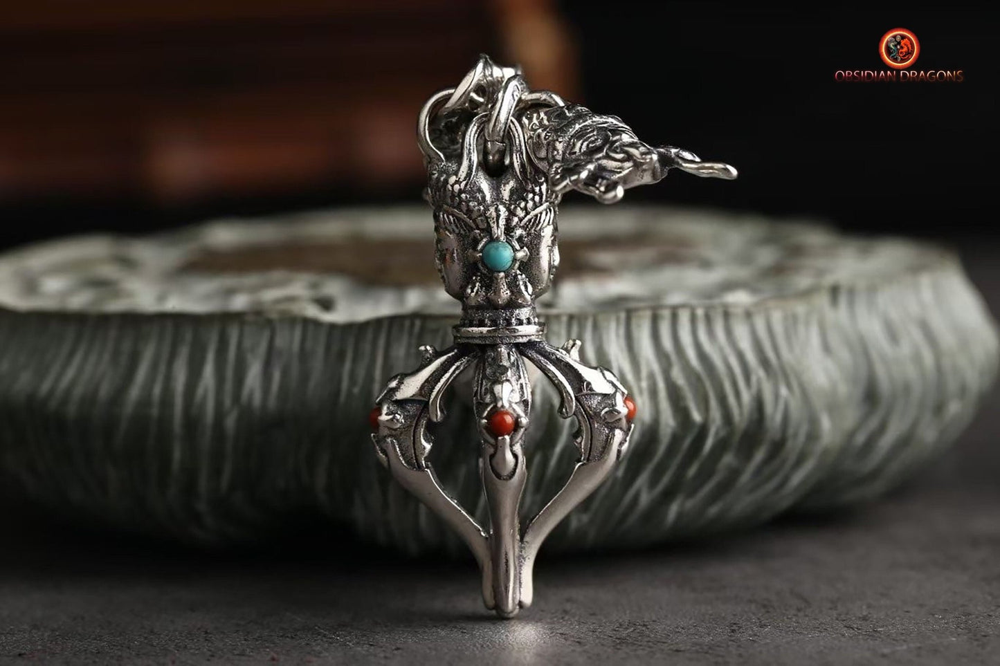 Pendentif Tibétain Dorje - argent- Zakiram & Chenrezi | obsidian dragons