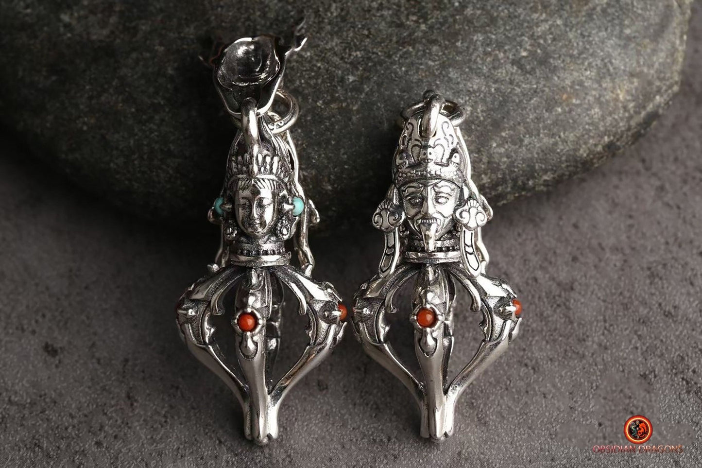Pendentif Tibétain Dorje - argent- Zakiram & Chenrezi | obsidian dragons