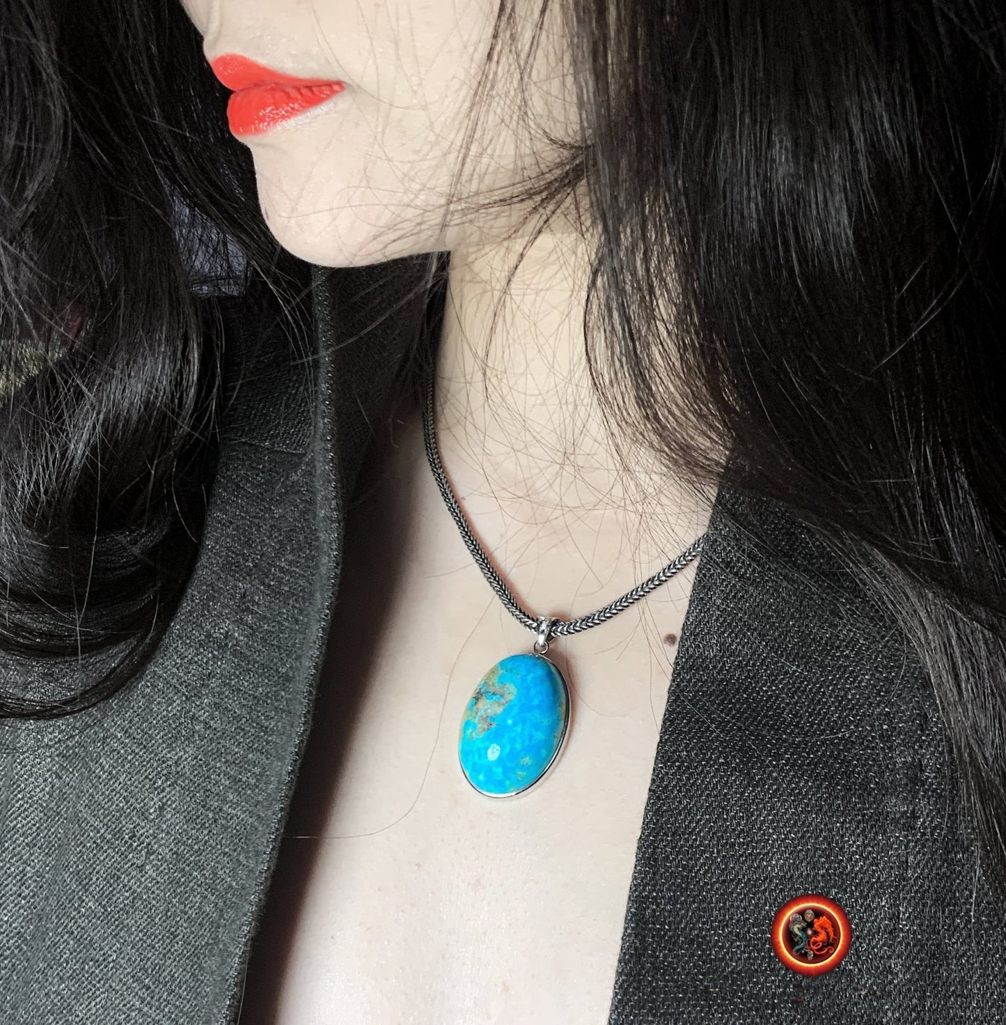Turquoise. Pendentif turquoise. Turquoise royston, Turquoise américaine du Nevada. turquoise naturelle expertisée. Sertie en argent 925. - obsidian dragon