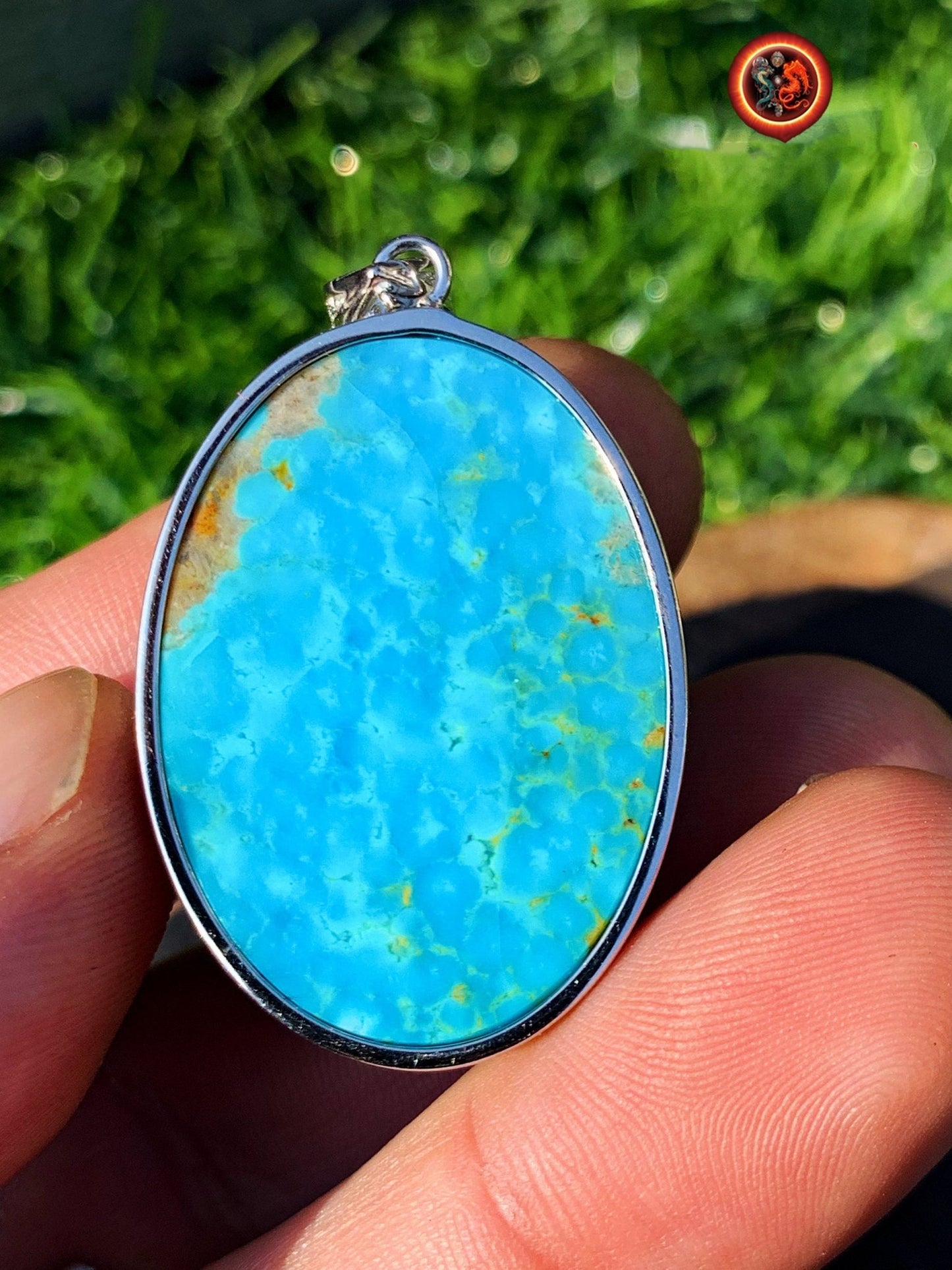 Turquoise. Pendentif turquoise. Turquoise royston, Turquoise américaine du Nevada. turquoise naturelle expertisée. Sertie en argent 925. - obsidian dragon
