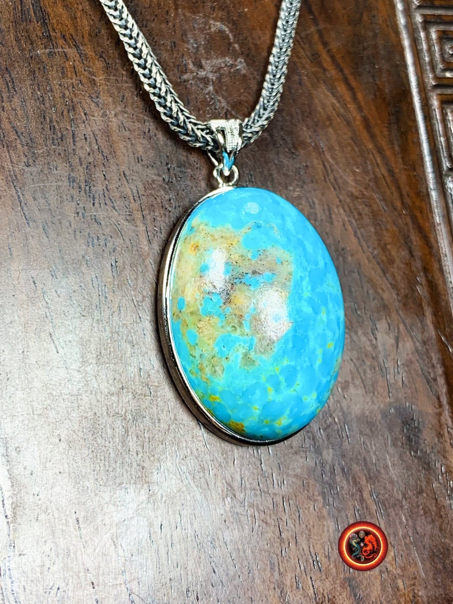 Turquoise. Pendentif turquoise. Turquoise royston, Turquoise américaine du Nevada. turquoise naturelle expertisée. Sertie en argent 925. - obsidian dragon