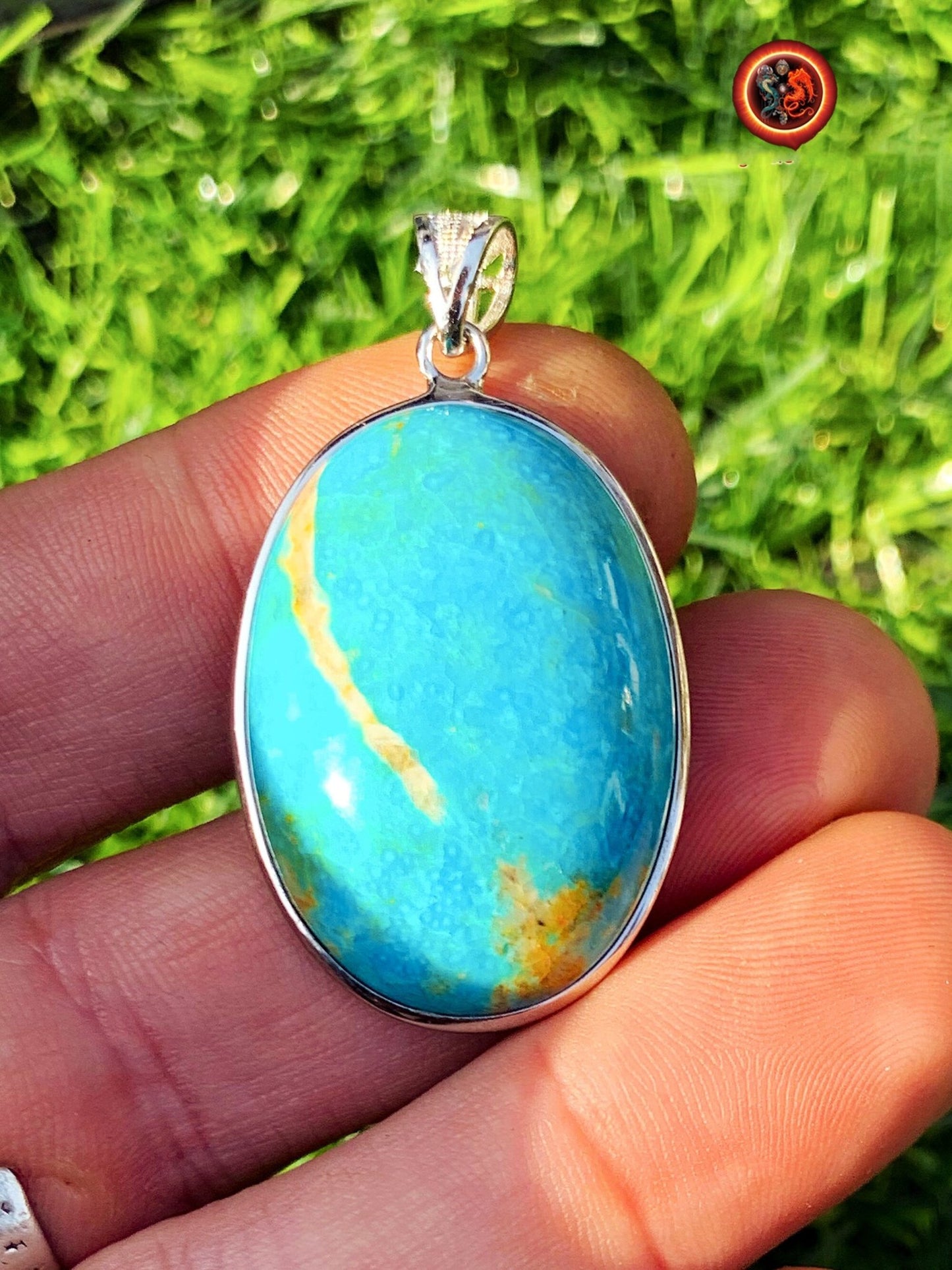 Turquoise. Pendentif turquoise. Turquoise royston, Turquoise américaine du Nevada. turquoise naturelle expertisée. Sertie en argent 925. - obsidian dragon