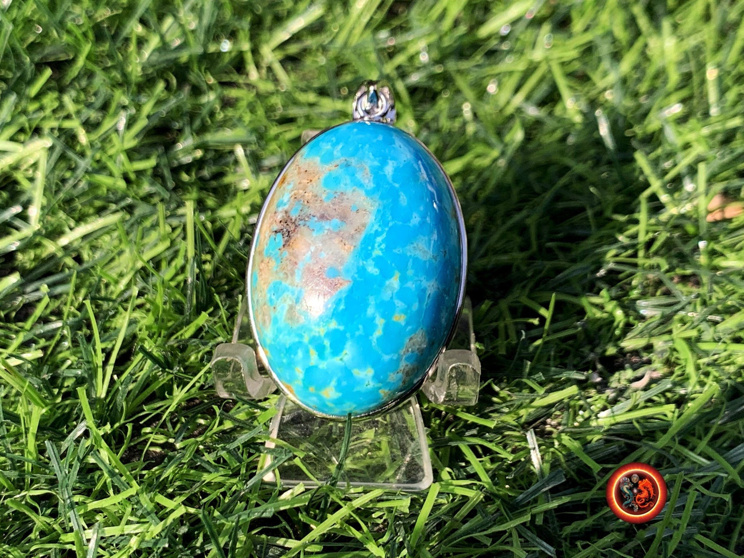 Turquoise. Pendentif turquoise. Turquoise royston, Turquoise américaine du Nevada. turquoise naturelle expertisée. Sertie en argent 925. - obsidian dragon