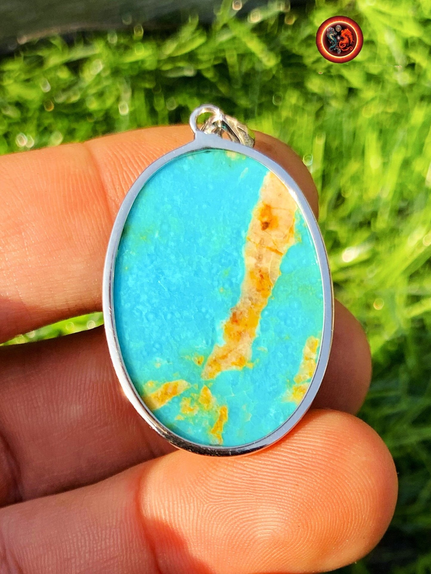 Turquoise. Pendentif turquoise. Turquoise royston, Turquoise américaine du Nevada. turquoise naturelle expertisée. Sertie en argent 925. - obsidian dragon