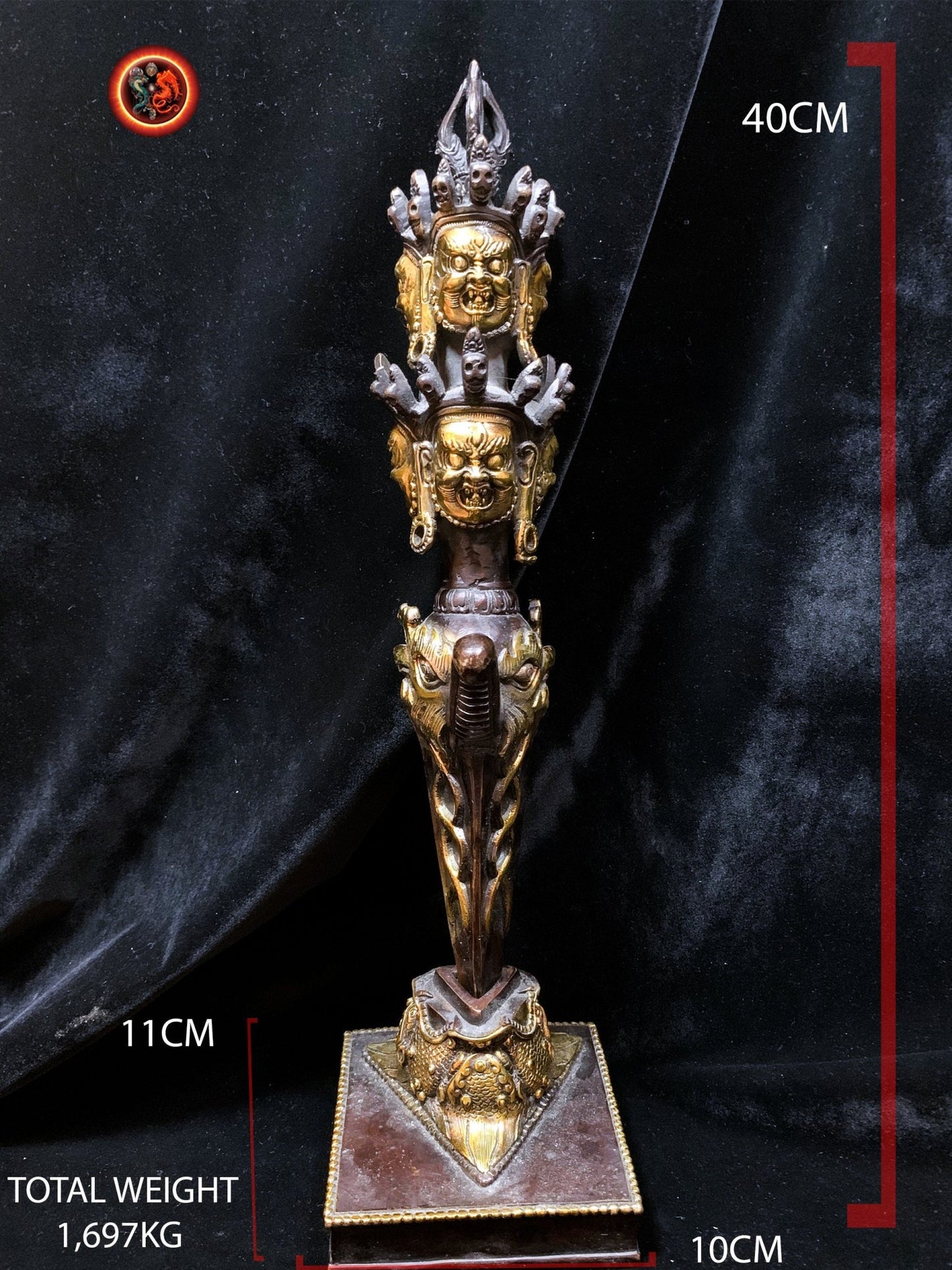 Grand Phurba bouddhiste vajrayana tibetain. Bronze. Dague rituelle - obsidian dragon