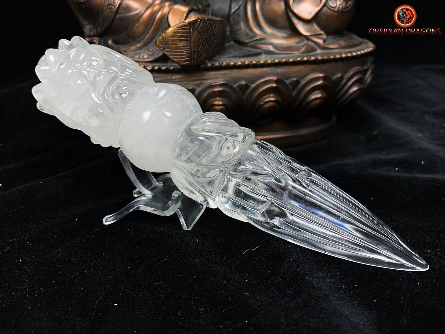 Grand et rare phurba en cristal de roche naturel, dague de rituel bouddhiste ésotérique pour vaincre les demons Pièce artisanale - obsidian dragon