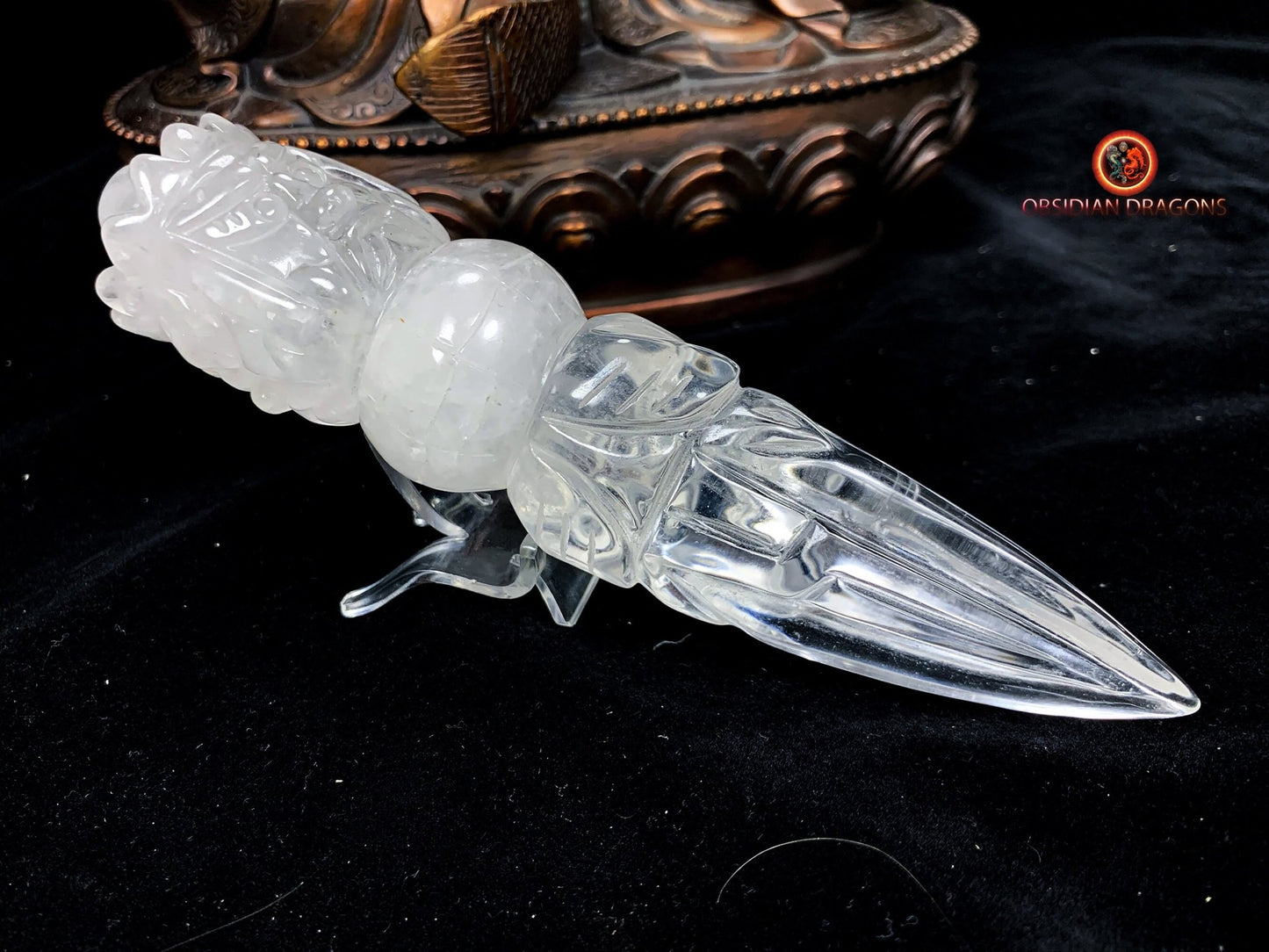 Grand et rare phurba en cristal de roche naturel, dague de rituel bouddhiste ésotérique pour vaincre les demons Pièce artisanale - obsidian dragon