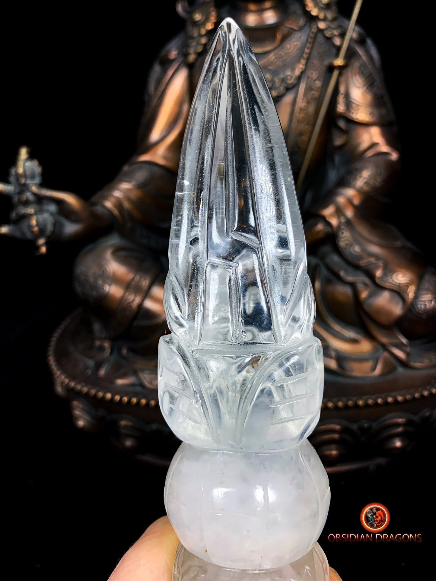 Grand et rare phurba en cristal de roche naturel, dague de rituel bouddhiste ésotérique pour vaincre les demons Pièce artisanale - obsidian dragon
