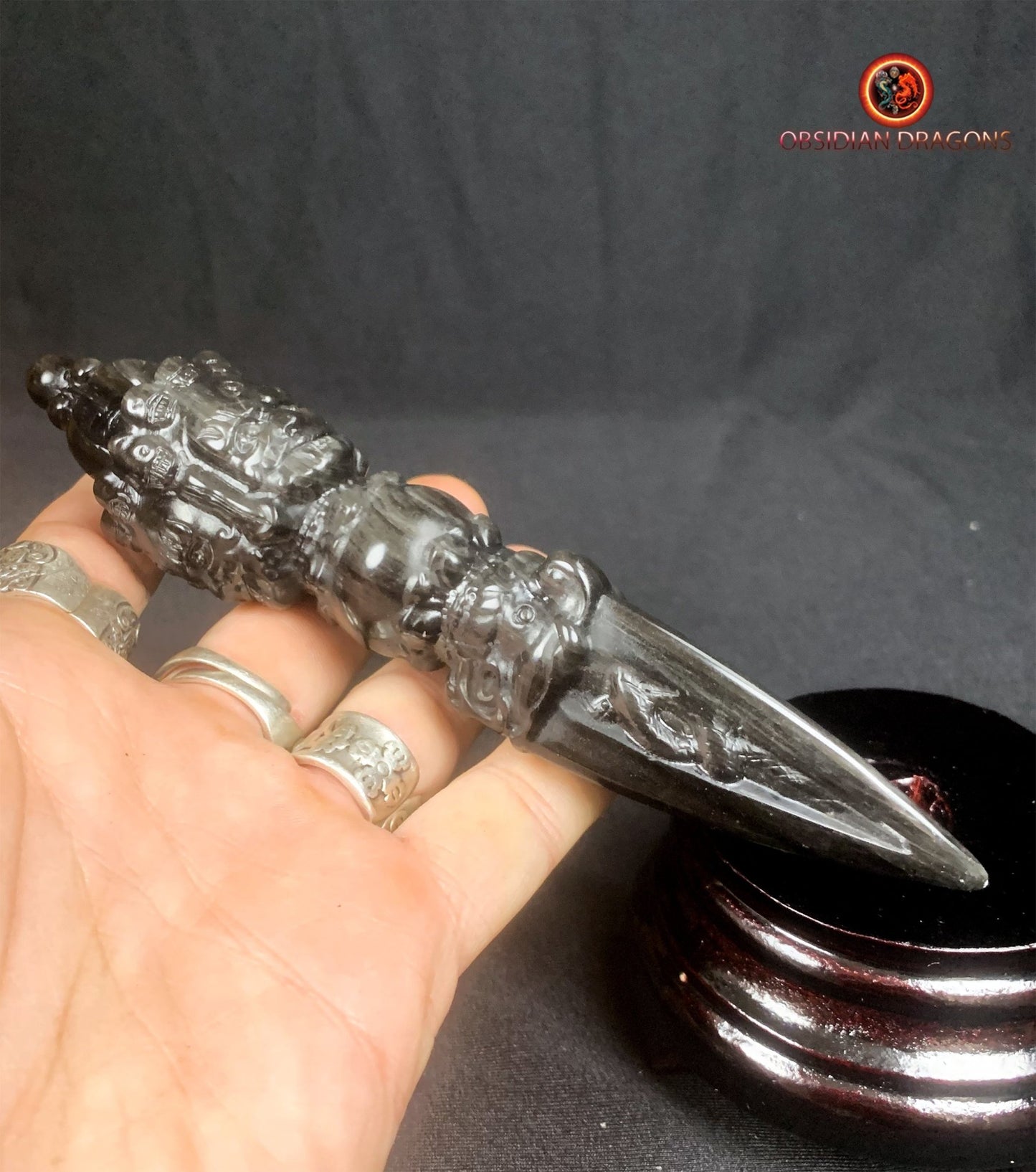 Dague phurba en obsidienne argentée- Vaincre les démons