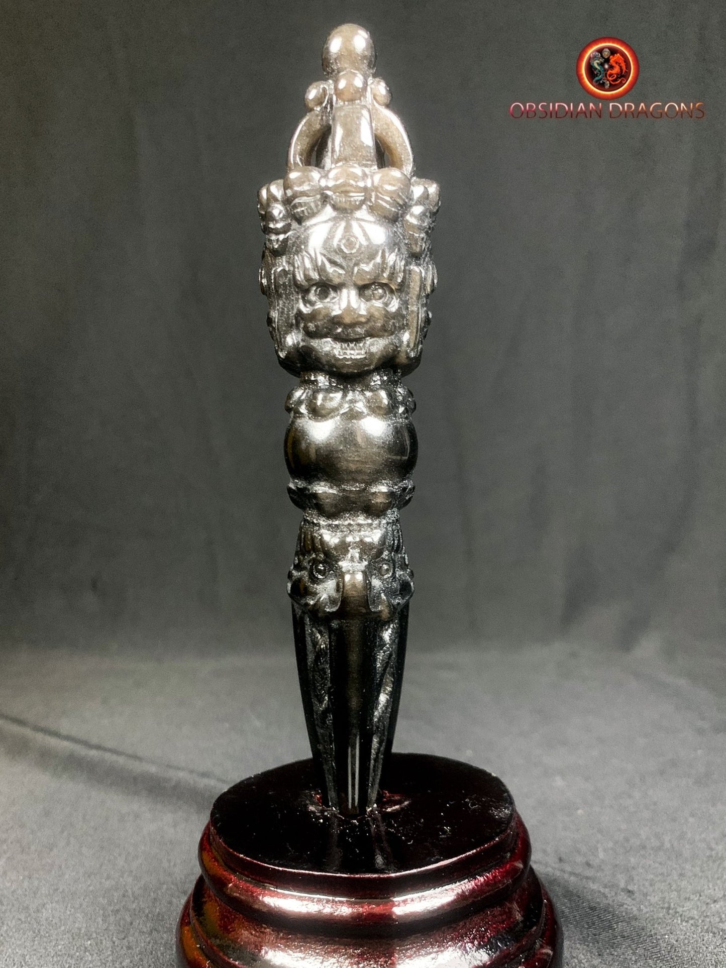 Dague bouddhiste phurba en obsidienne argentée