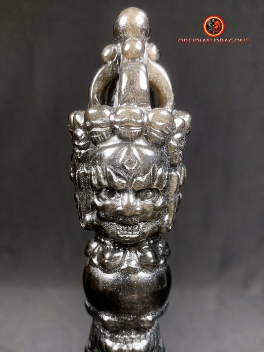 Dague bouddhiste phurba en obsidienne argentée