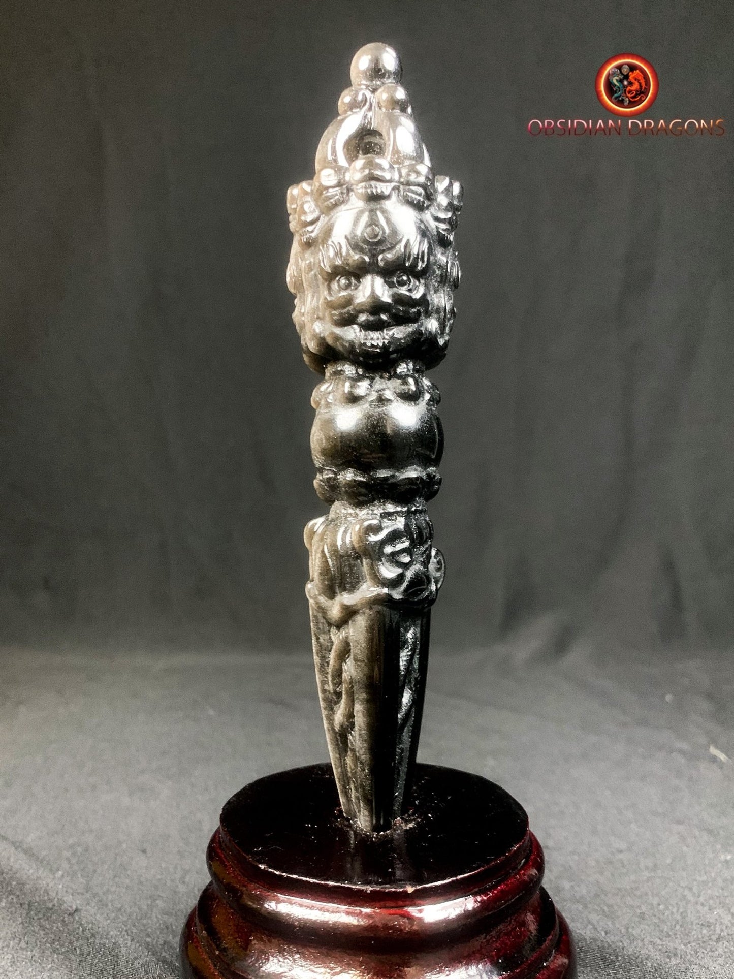 Dague bouddhiste phurba en obsidienne argentée