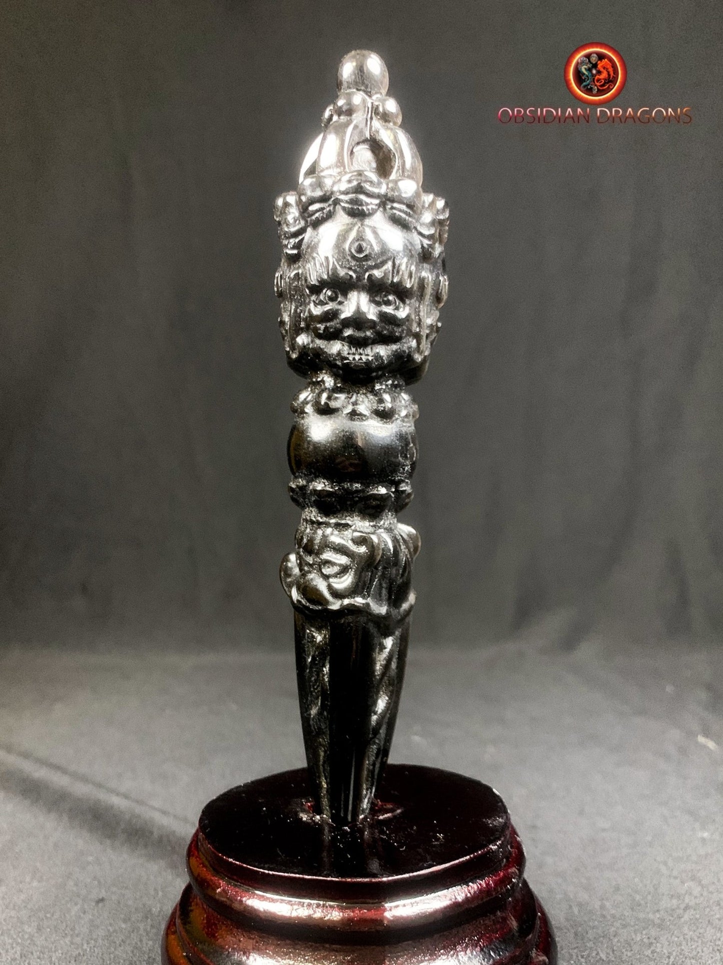 Dague bouddhiste phurba en obsidienne argentée