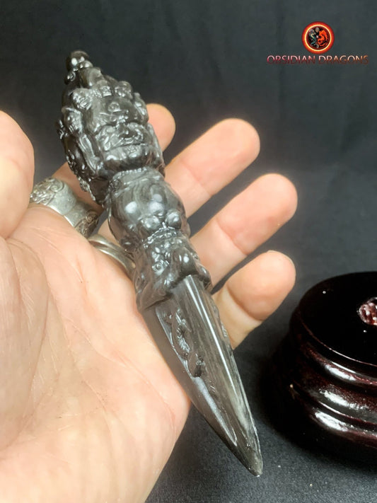 Dague phurba en obsidienne argentée- Vaincre les démons