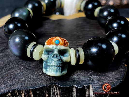 Bracelet crâne et dragon- obsidiennes oeil celeste