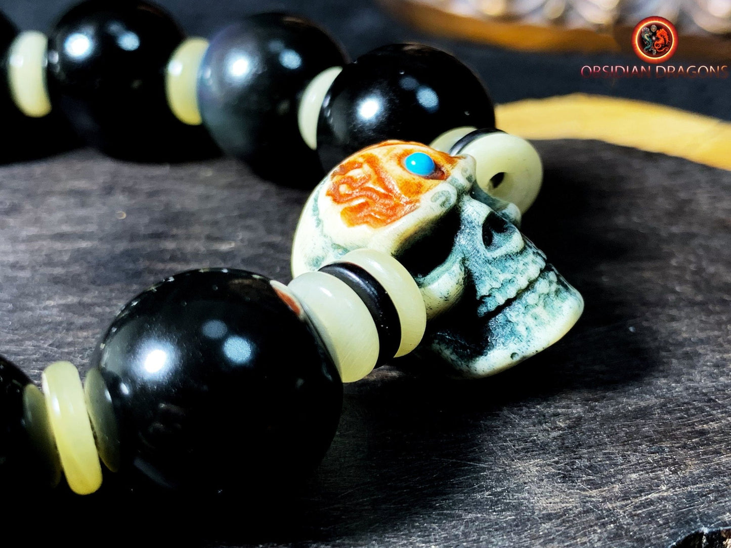 Bracelet crâne et dragon- obsidiennes oeil celeste