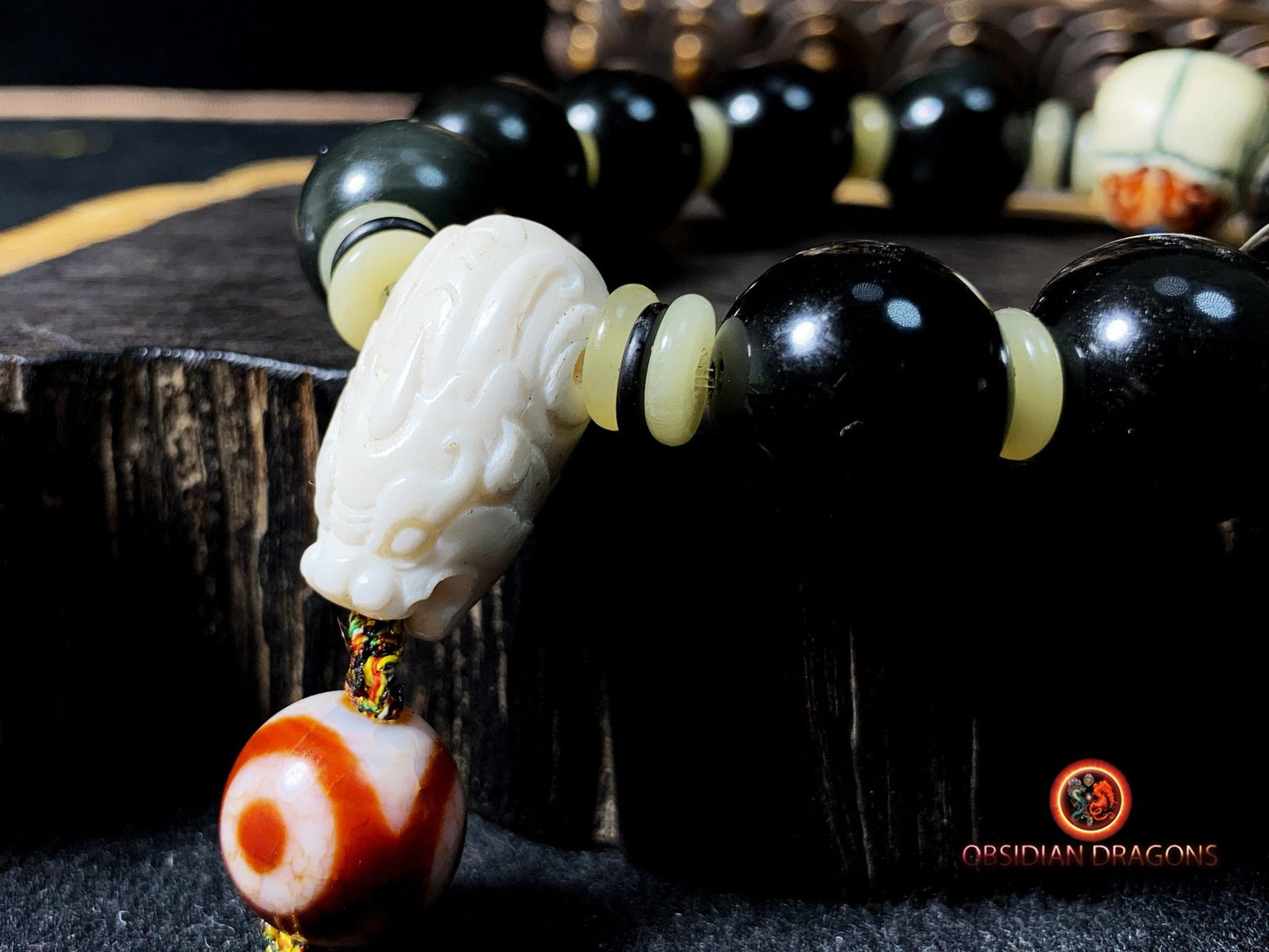 Bracelet crâne et dragon- obsidiennes oeil celeste