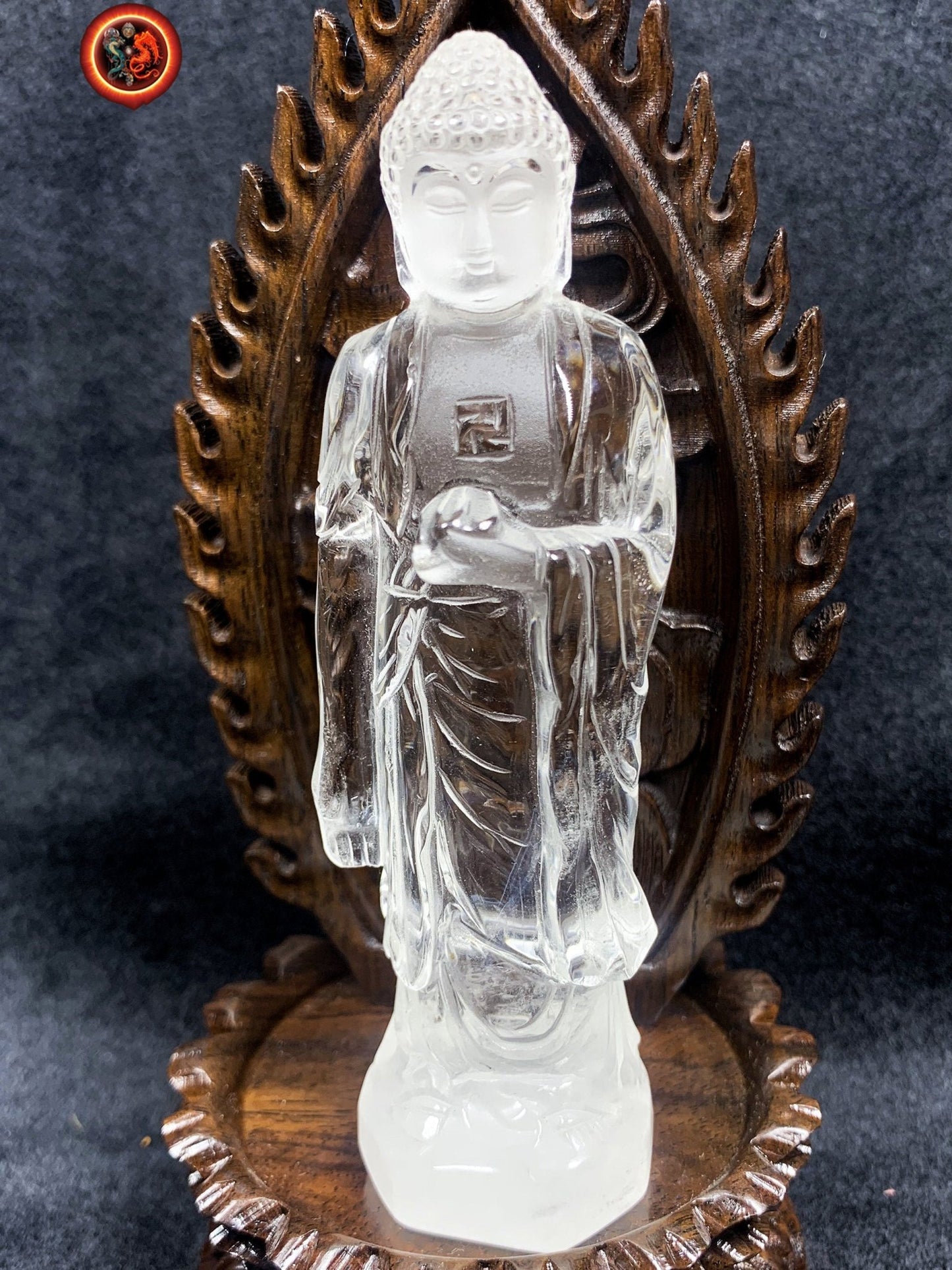 Statuette Bouddha Amitabha, Amida, Amitofo des terres pures de l'ouest. Cristal de roche de grande qualité, certifié. Support en palissandre - obsidian dragon