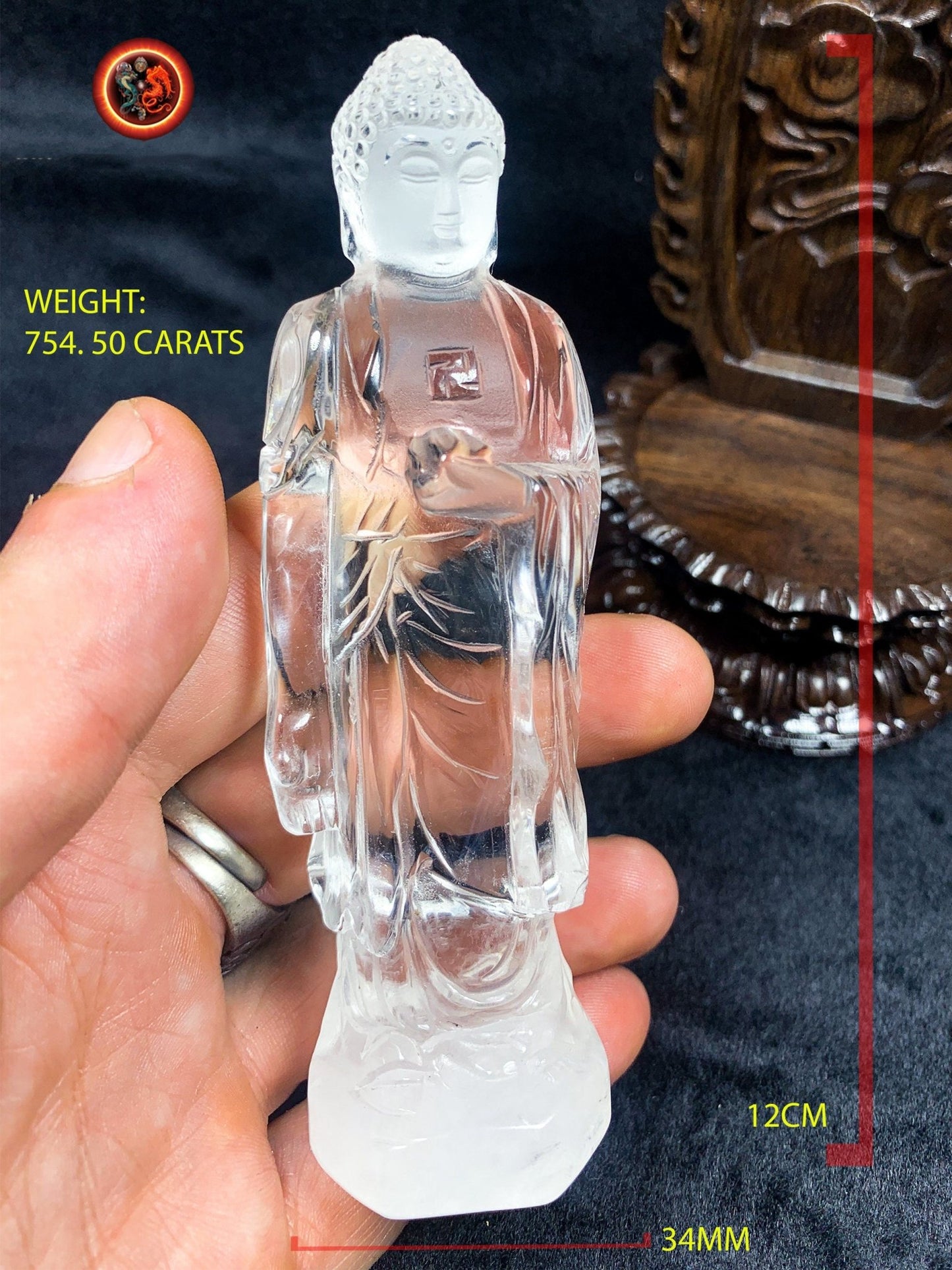 Statuette Bouddha Amitabha, Amida, Amitofo des terres pures de l'ouest. Cristal de roche de grande qualité, certifié. Support en palissandre - obsidian dragon