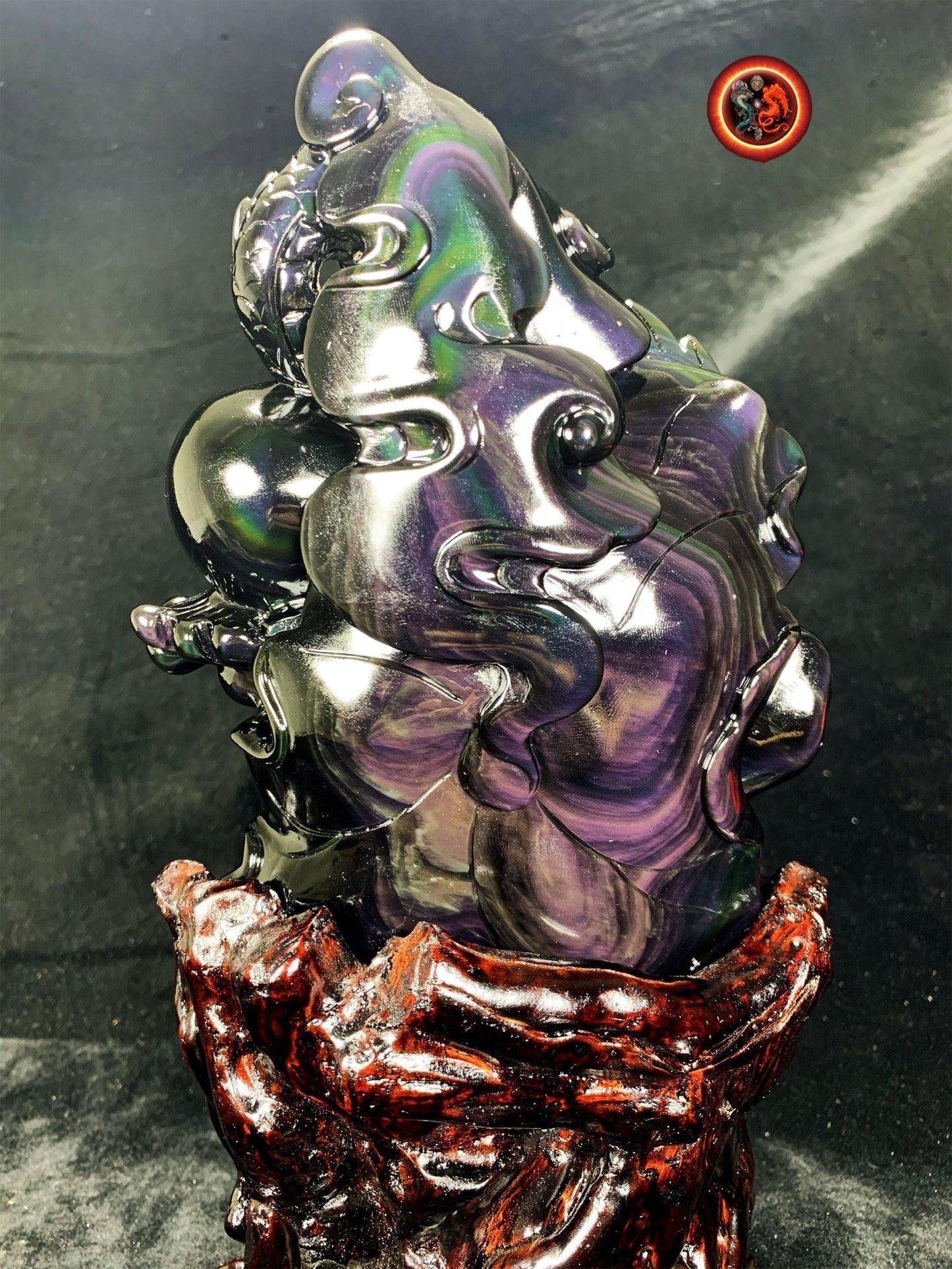 Dragon en obsidienne oeil celeste.Exceptionnelle statue entièrement faite a la main. Dragon, protecteur feng shui. support en cèdre. unique - obsidian dragon