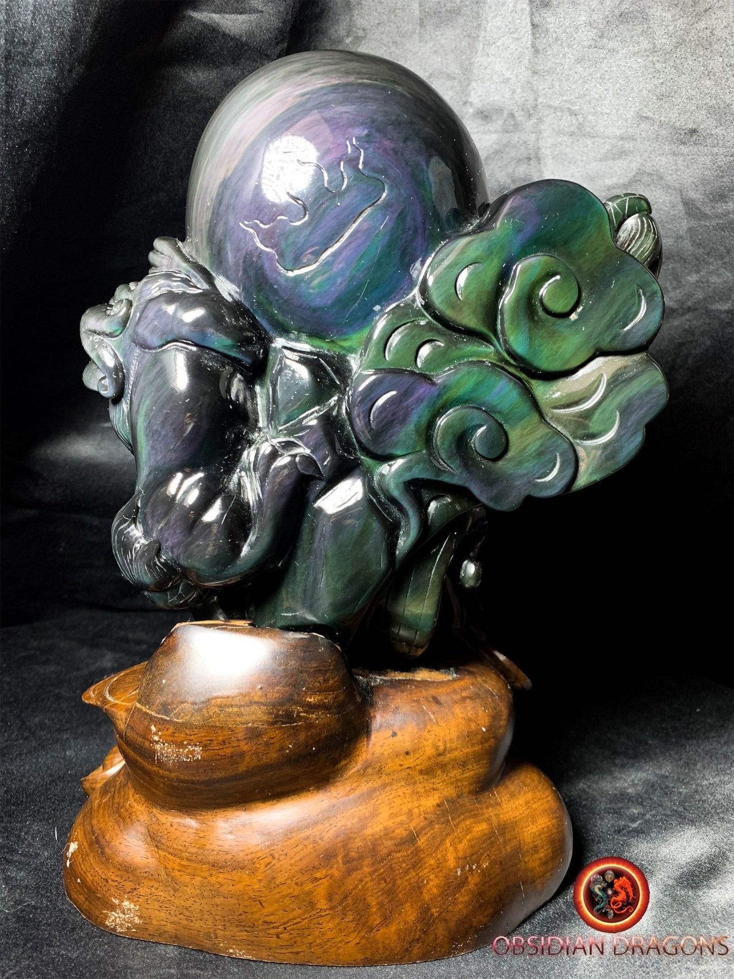 magnifique statue en obsidienne oeil celeste entièrement faite a la main. Couple de Pixiu, protecteurs feng shui. support en palissandre. - obsidian dragon