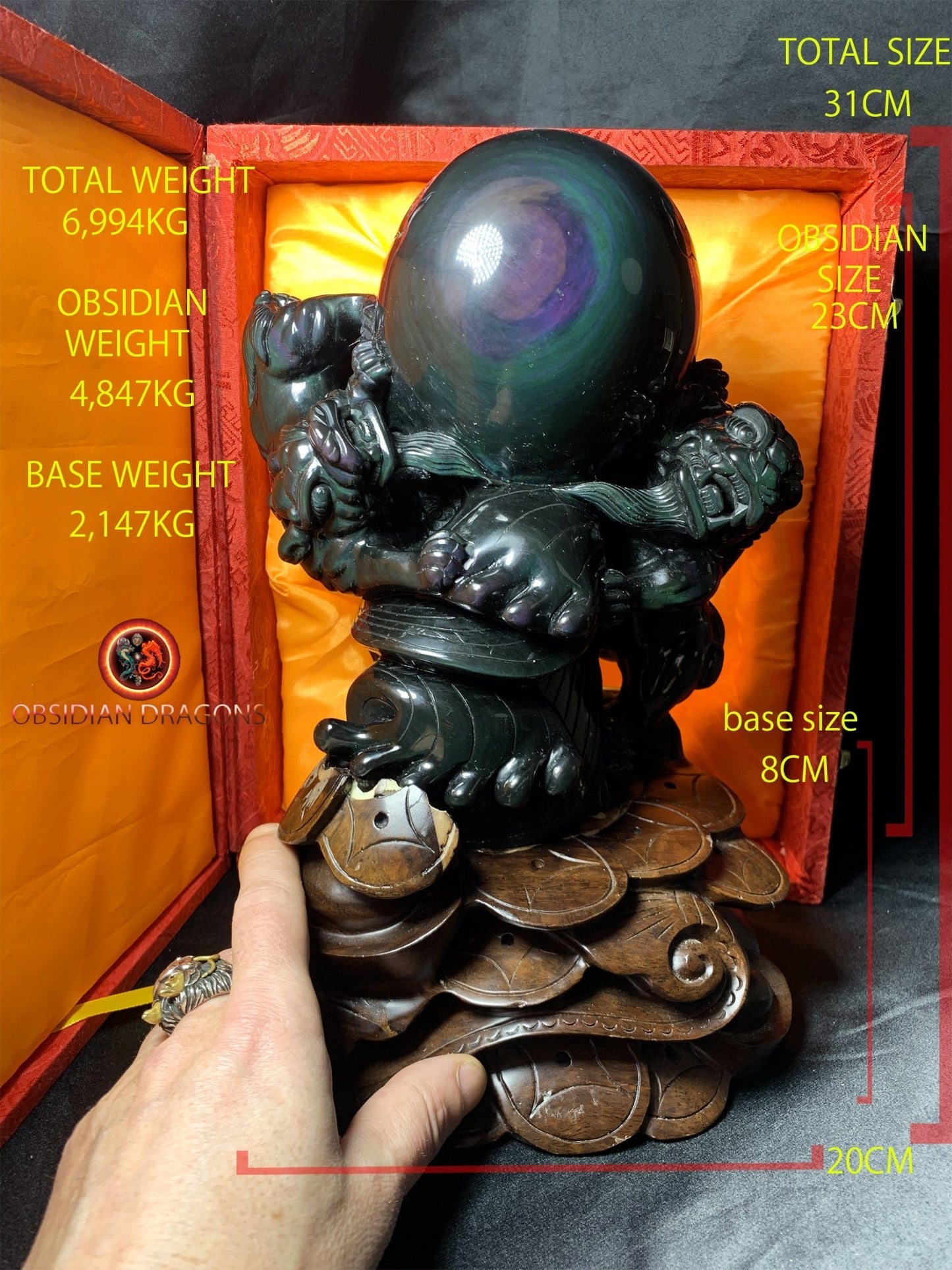magnifique statue en obsidienne oeil celeste entièrement faite a la main. Couple de Pixiu, protecteurs feng shui. support en palissandre. - obsidian dragon