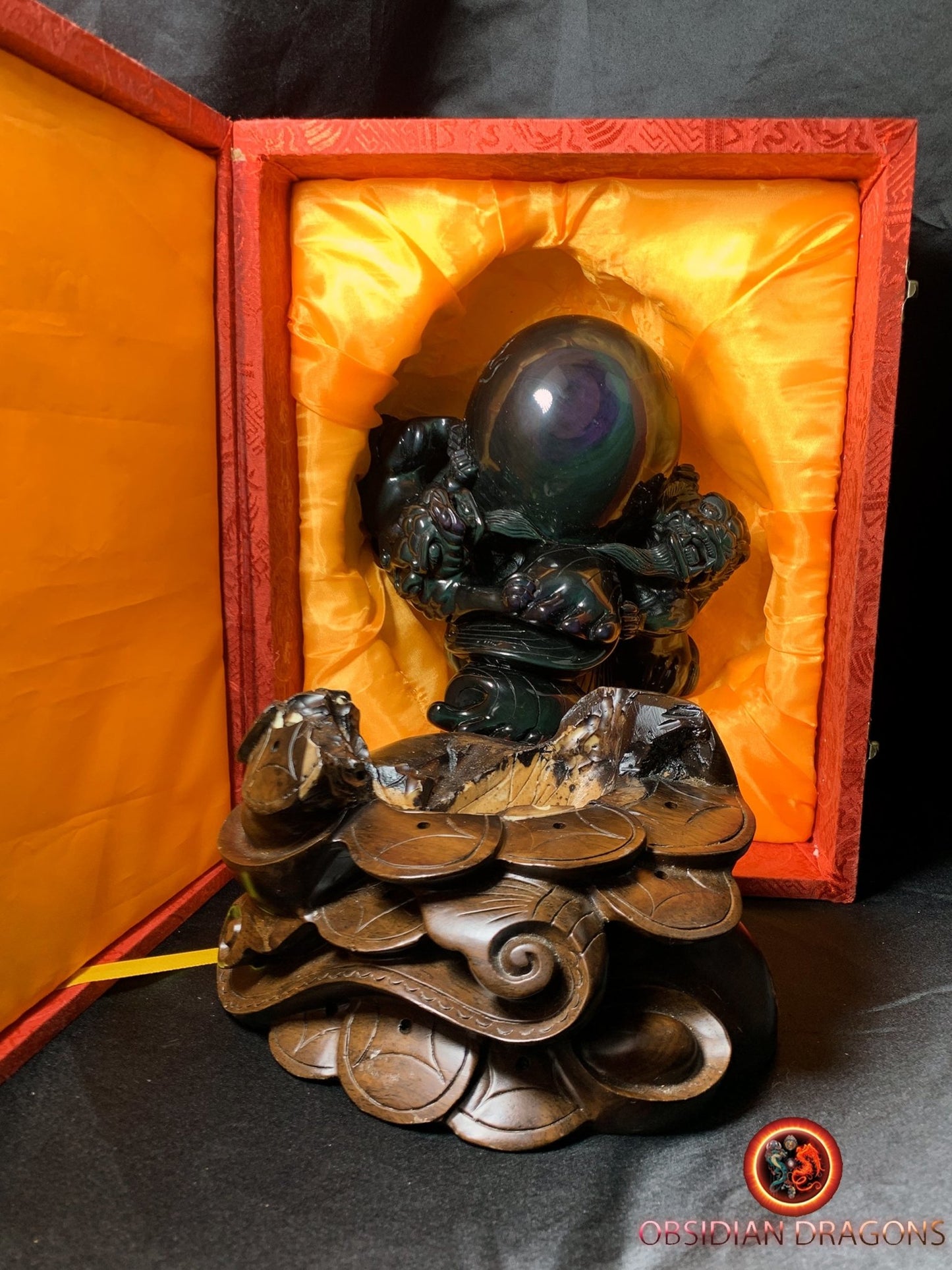 magnifique statue en obsidienne oeil celeste entièrement faite a la main. Couple de Pixiu, protecteurs feng shui. support en palissandre. - obsidian dragon