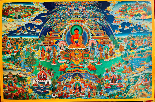 Les "trois saints de l'ouest", Bouddha Amitabha, Bodhisattvas Avalokiteśvara et Mahāsthāmaprāpta