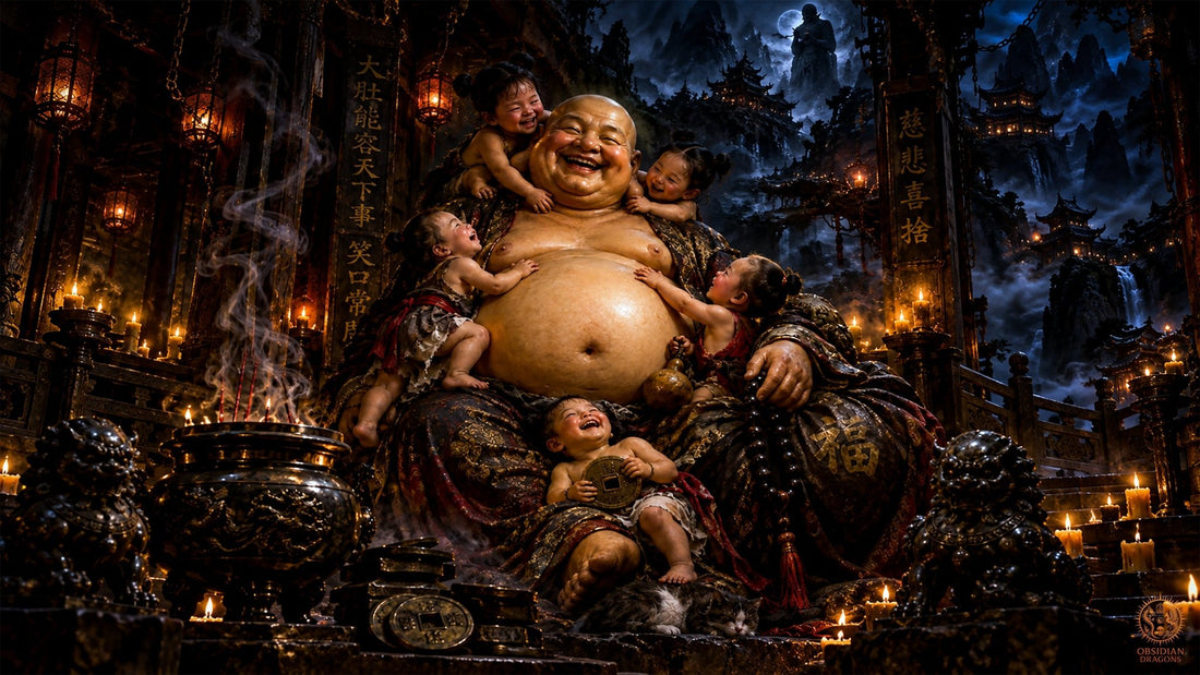 Budai, le Bouddha rieur entouré d’enfants dans un temple chinois — illustration du blog Obsidian Dragons