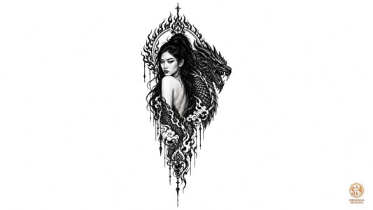 Illustration Obsidian Dragons d’une femme asiatique avec un dragon noir et une mandorle de flammes, symboles de force et d’énergie dans le Feng Shui.