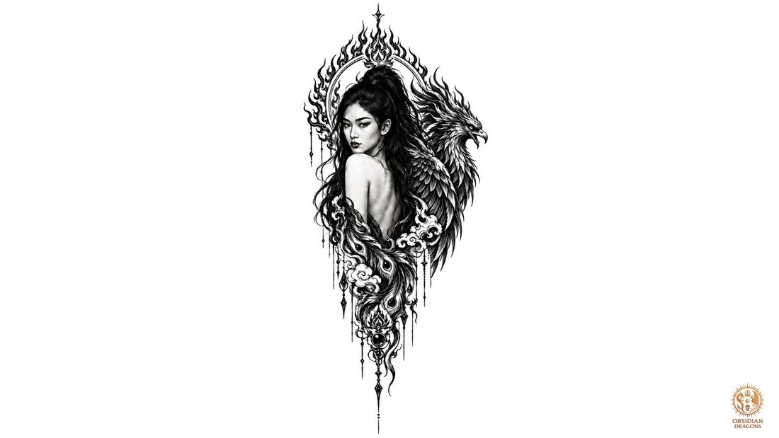 Femme asiatique avec un phénix noir et une mandorle de flammes, illustration du phénix dans le Feng Shui, symbole de renouveau et de transformation.